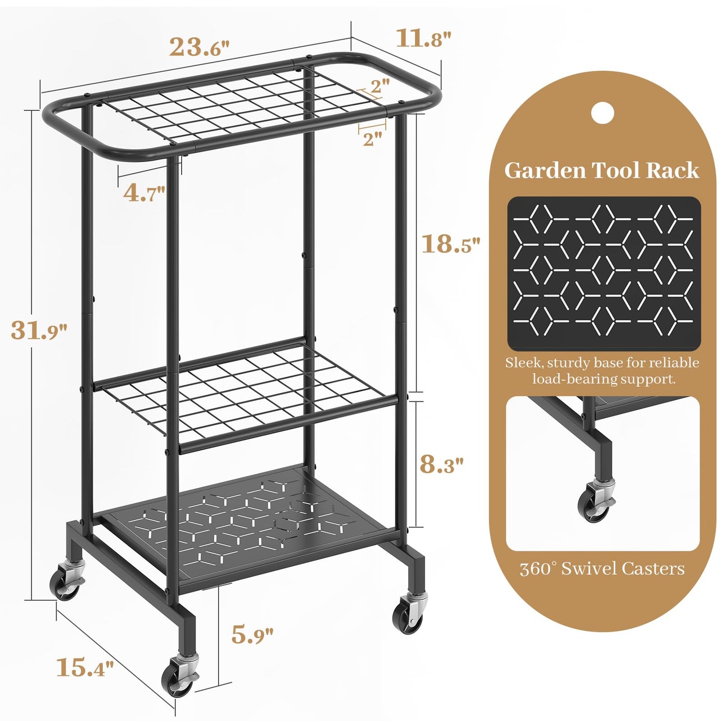 AUGOHCMIL Garden Tool Organizer with Wheels, Heavy Duty Metal Garage Tool Storage Rack, Yard Tool Holder for Long-Handled Tools, Rakes and Brooms, Indoor and Outdoor Use for Shed, Patio