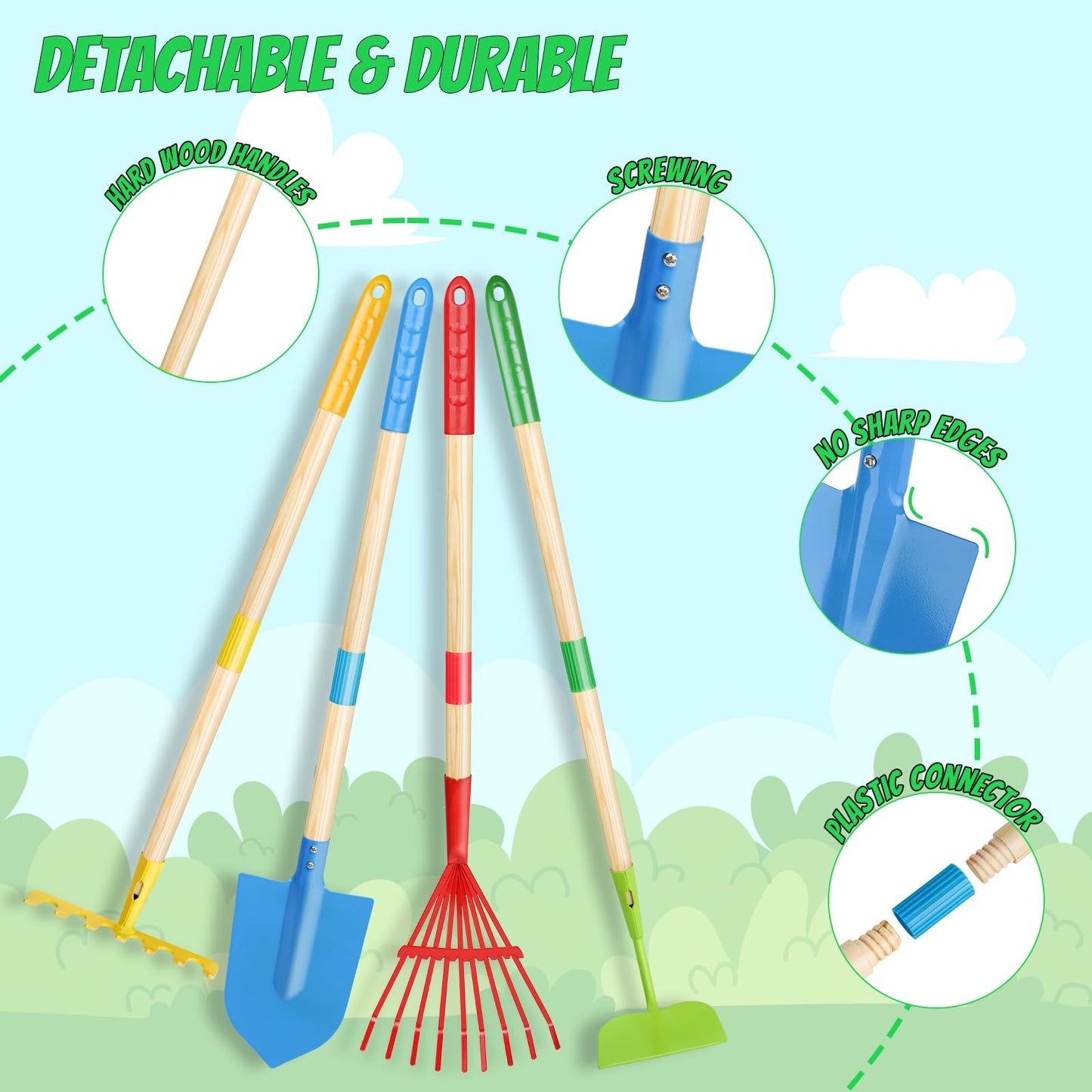Magic4U Kids Gardening Tools Set, 22 Pcs Metal Garden Tools Toys with Apron, Gloves, Wood Handle Shovel, Rake, Hoe and Leaf Rake, Outdoor Digging Toys Gifts for Kids Age 3+