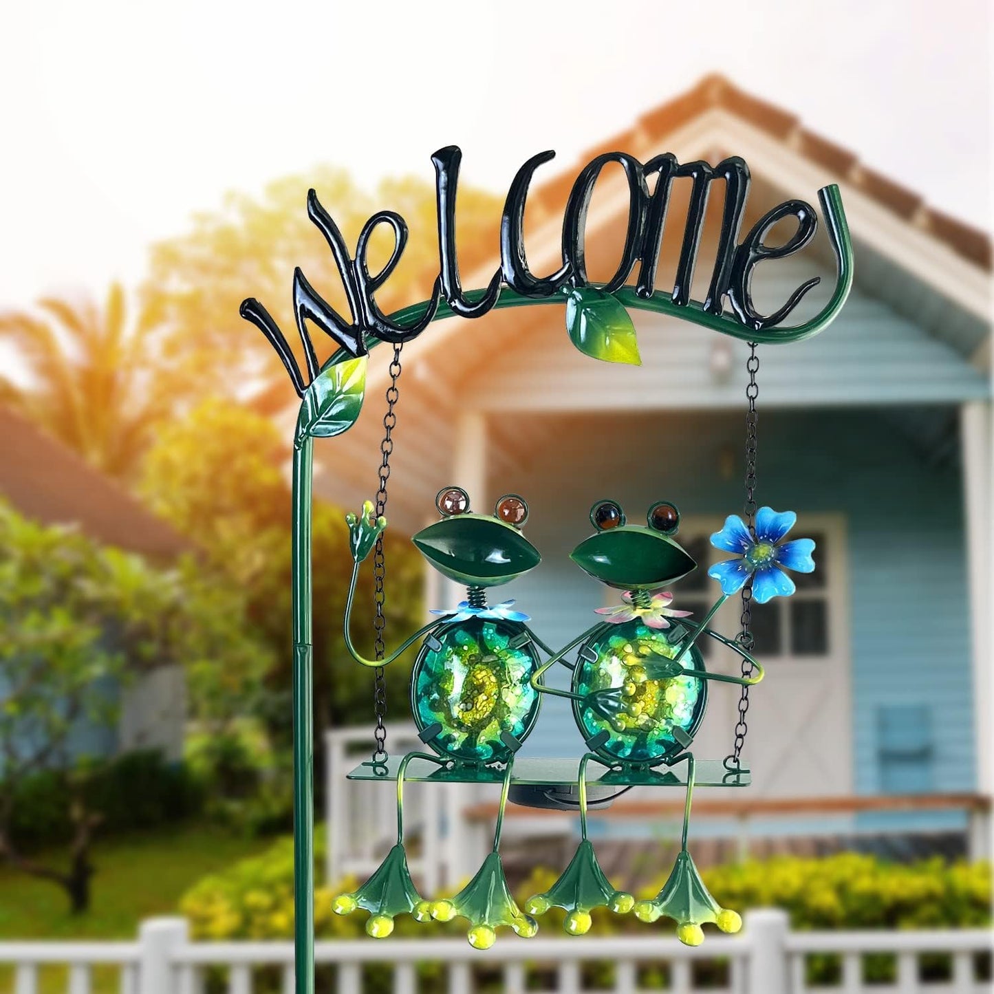 HONGLAND Solar Lights Outdoor Waterproof, Frog Swing Garden Decor, Frog Decorative Stake with Welcome Sign Landscape Patio Yard Gifts for Women Mom (48 inch)
