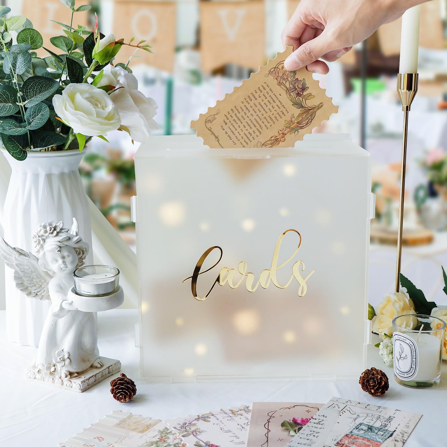 OurWarm Acrylic Wedding Card Box with String Light, Frosted Gift Card Box for Wedding Decorations for Reception, Money Box for Bridal Shower Decorations Party Reception Anniversary