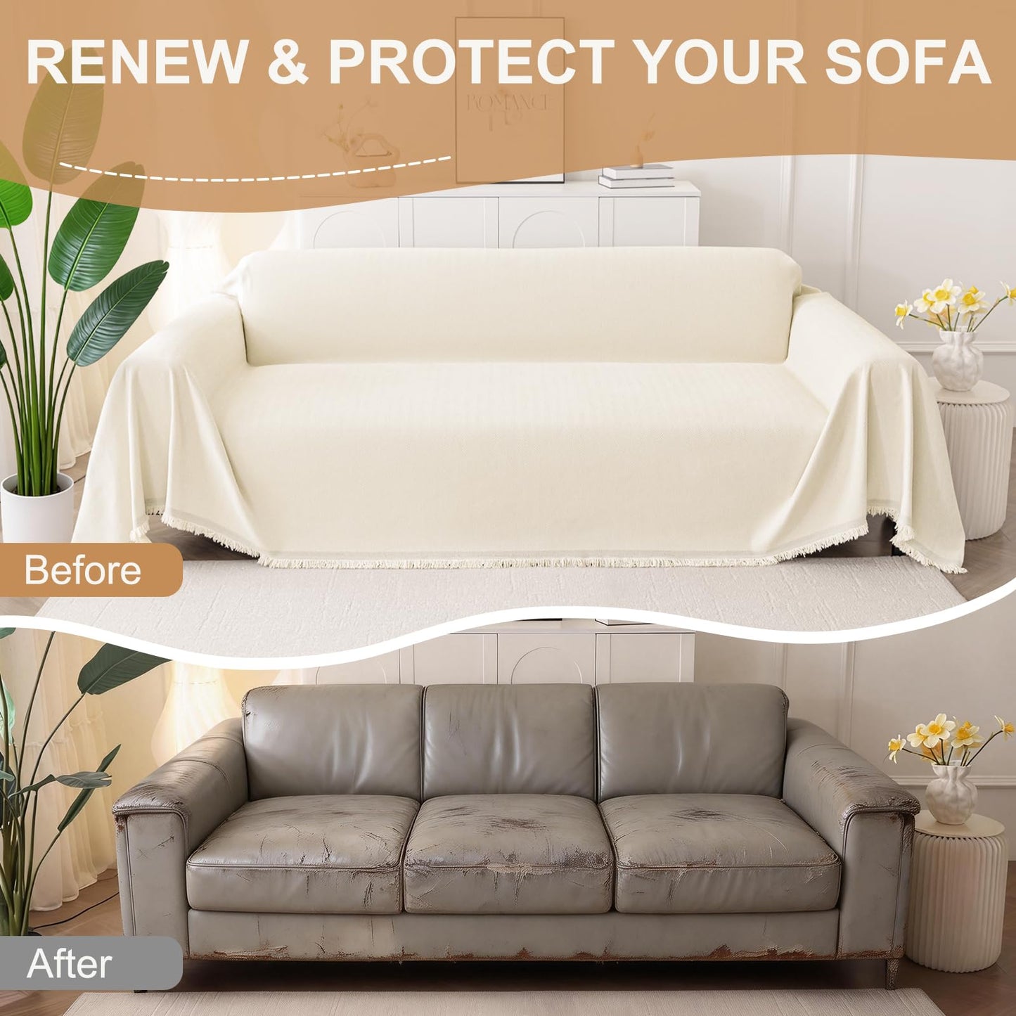 Smiry Couch Cover for Dogs, Washable Chenille Sofa Covers for 3 Cushion Couch, Soft Sofa Slipcover for Pets, Thick Sectional Furniture Protector with Tassels (Beige, 71x118 Inch)