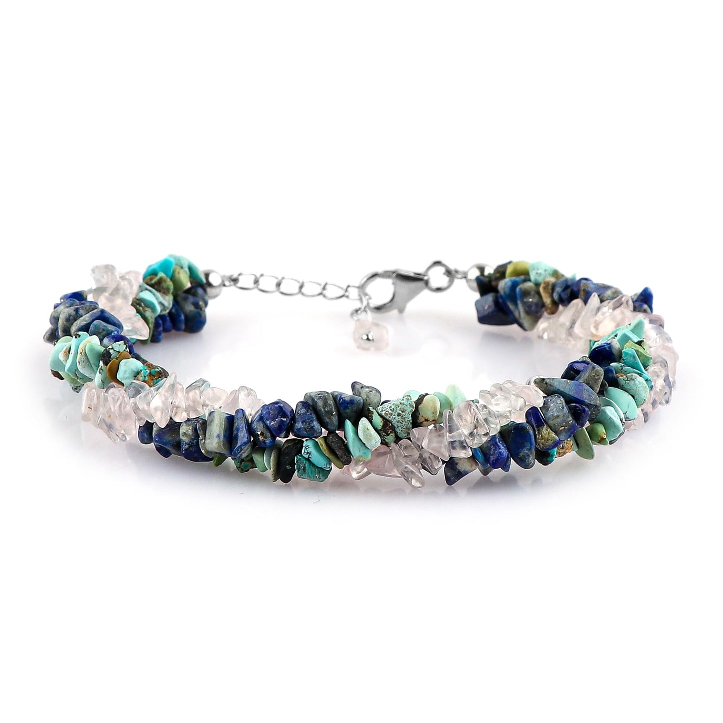 CRYSTALIS Natural Turquoise & Lapis Lazuli & Rose Quartz Beads Braided Rope Crystals Bracelet, Chips Nugget Beaded Gemstones, Chakra Healing Stones, Womens Jewelry, 925 Sterling Silver Bracelet 8 inch