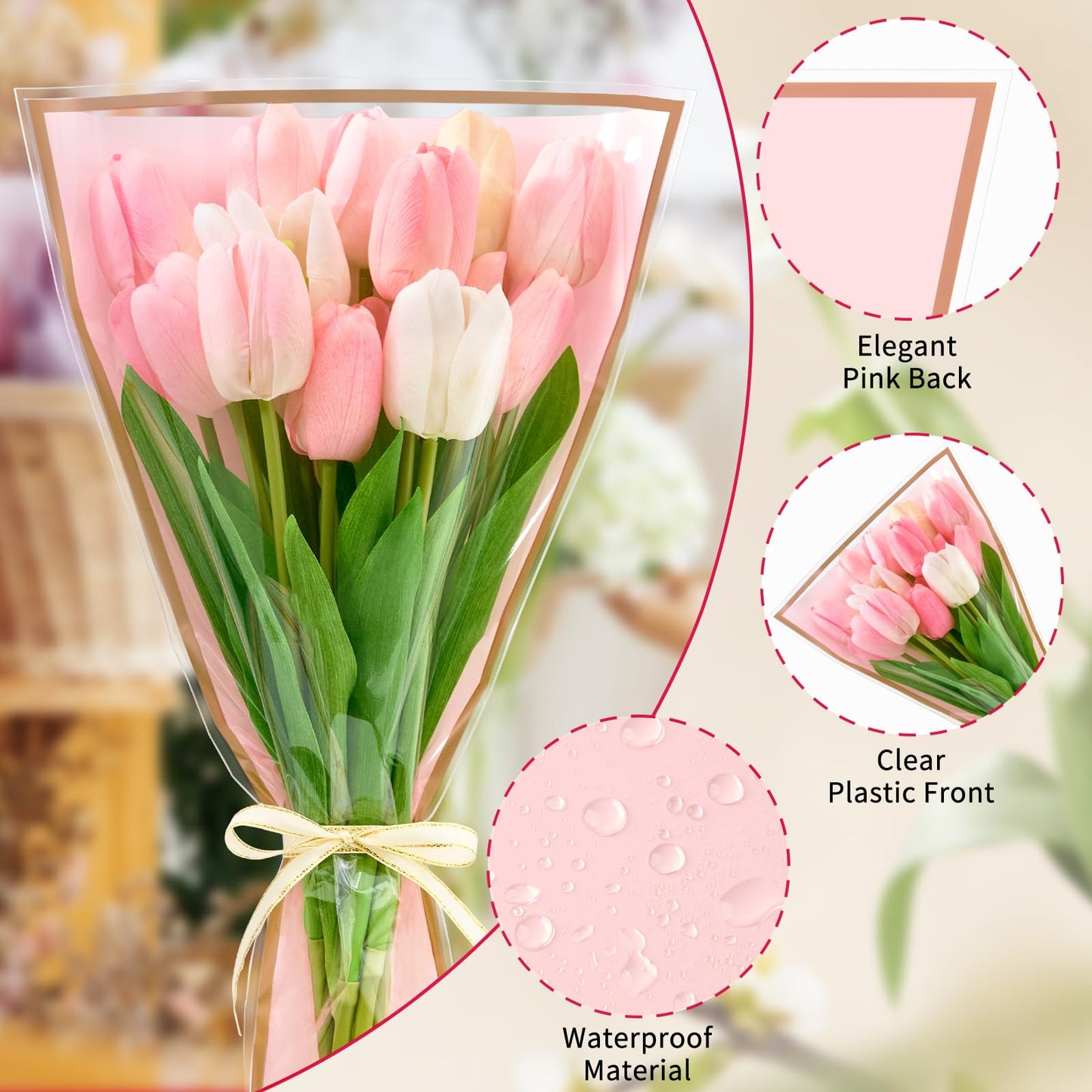 Mauproy 50 Pack Pink Flower Bags for Bouquets, 17.8 x 11.2 Inches Plastic Flower Sleeves Clear Front Floral Wraps with Ribbons for Mother's Day Florist Packaging Supplies