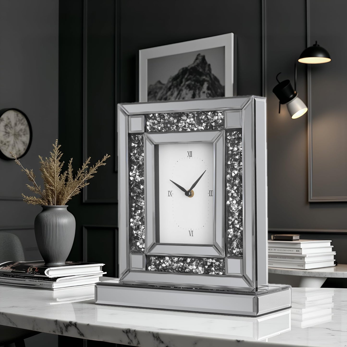 SHYFOY Luxury Crystal-Embedded Mirrored Table Clock, Elegant Decorative Clock with Roman Numerals for Home & Office, Silver Glam Desk Clock Home Decor