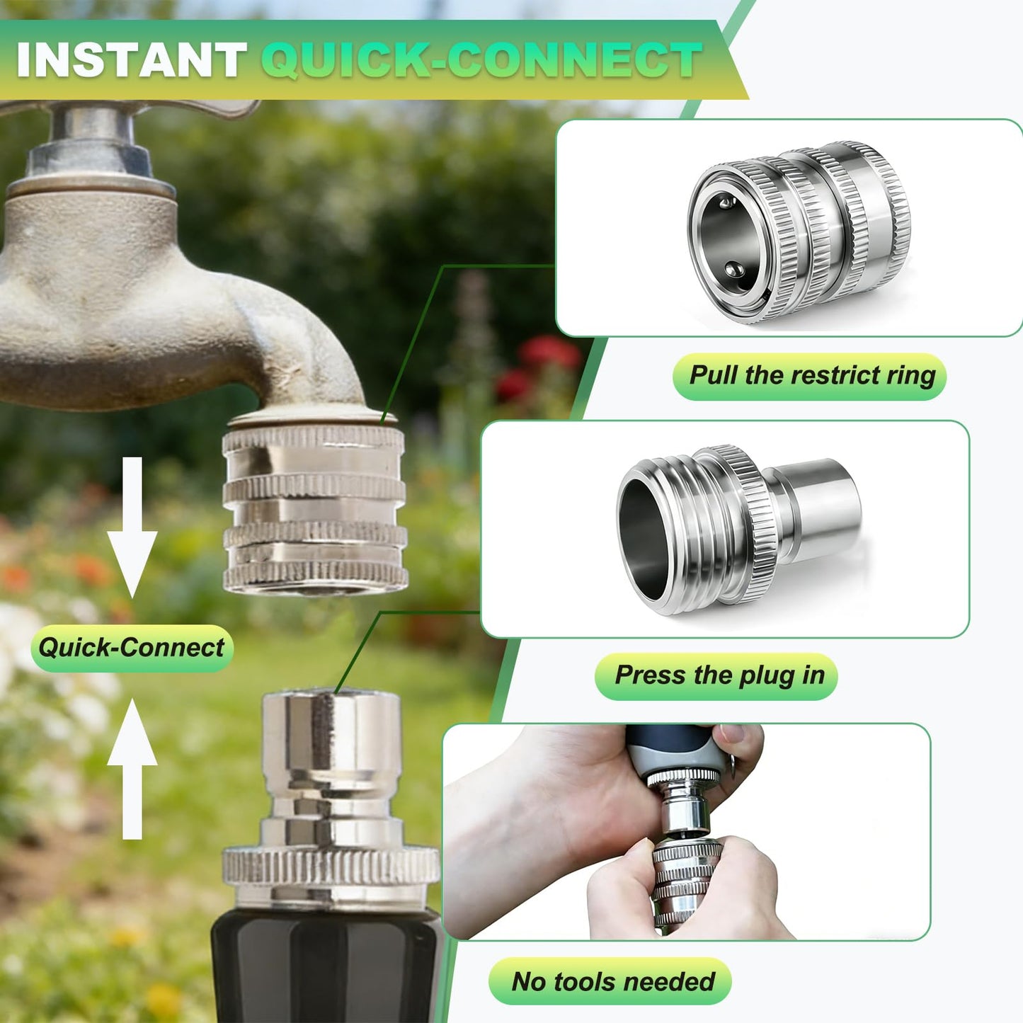 FISHFRUIT Stainless Steel Garden Hose Quick Connect Fittings Set, 3/4 Inch GHT Quick Connect Hose Fittings, Water Hose Quick Connect Fittings, Quick Release Connectors for Hoses and Sprayers (5PCS)