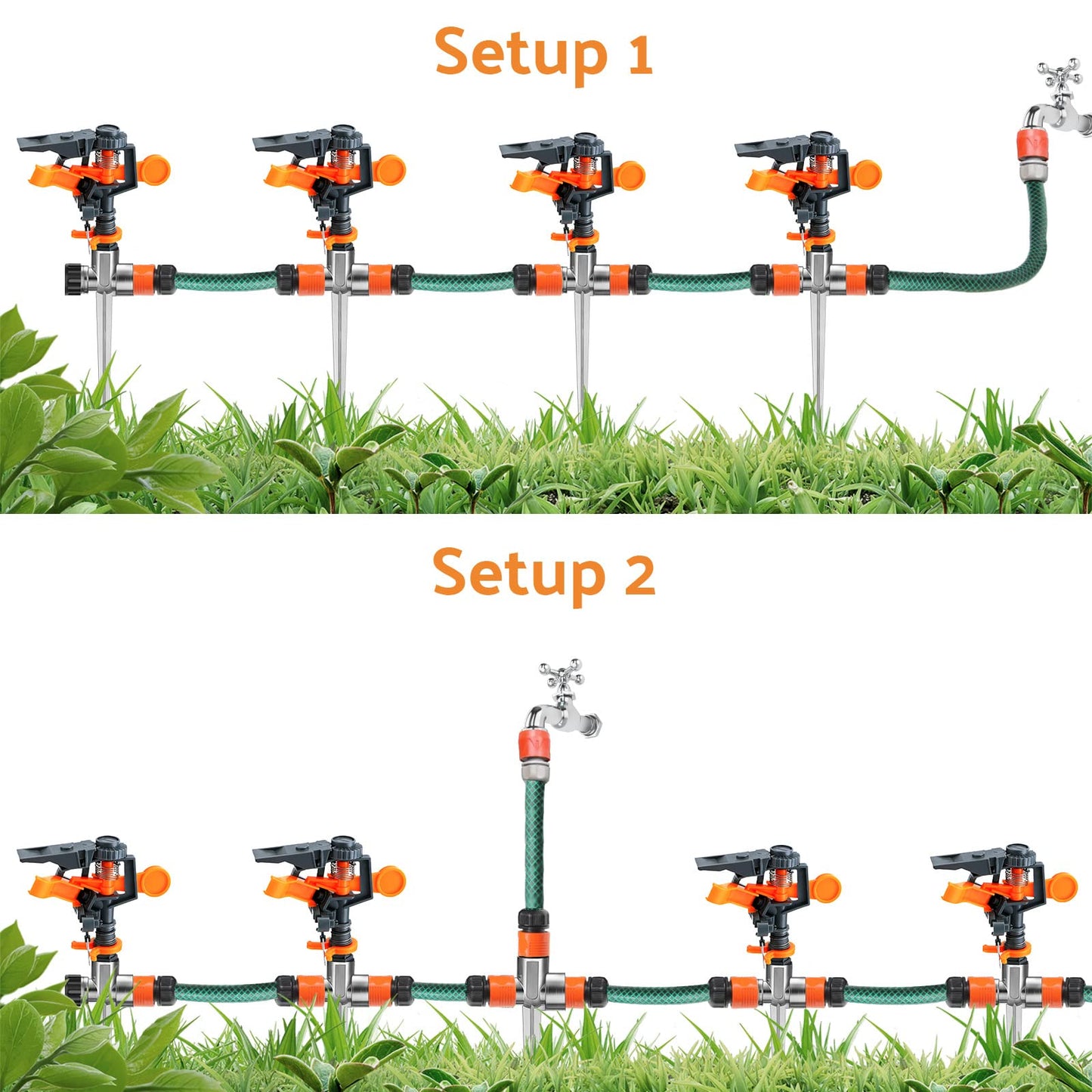 12 Pack Pulsating Sprinklers with Metal Spike, 360° Adjustable Rotating Impact Sprinkler Large Area Coverage Sprinklers for Yard Lawn Garden Above Ground Sprinkler System (Black and Orange)