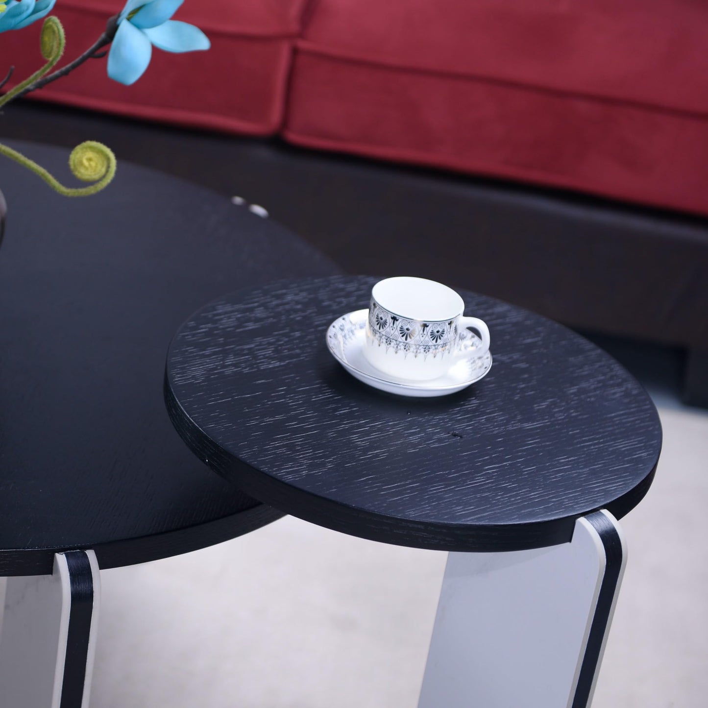 Set of 2 Round Nesting Tables - Multi-Purpose Home Furniture Ideal for Small Spaces, Functional as Living Room Coffee Table, Bedroom Night Stand, Dining Room Side Table, Sofa End Table (Black A)