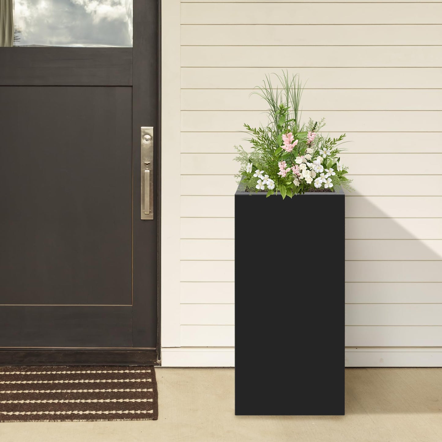 ACNAO 30in Height Metal Planter Box, Rectangular Outdoor/Indoor Flower Box with Drainage Holes, Modern Steel Planter Box for Gardens, Entrances, Balconies, Patios, Black