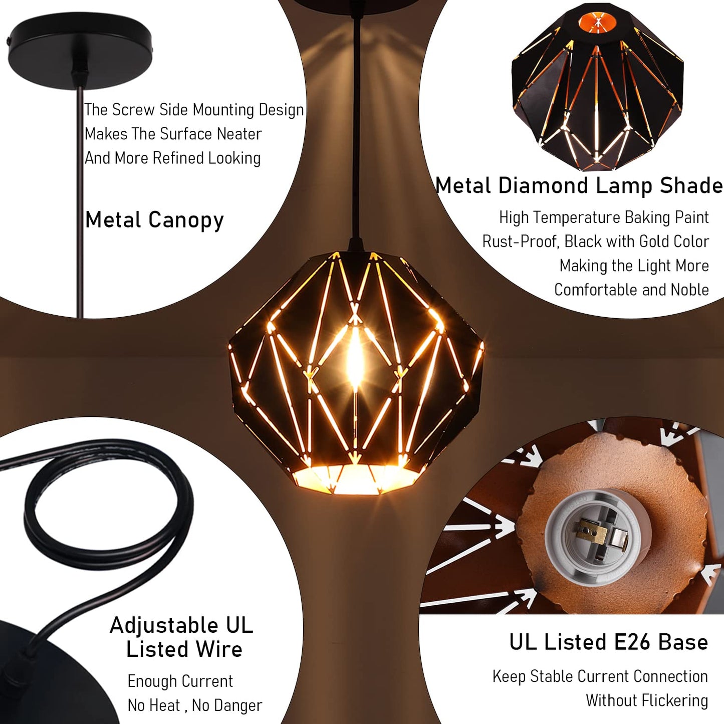 baunoisk Pendant Light Industrial Vintage Pendant Lamp Retro Farmhouse Ceiling Hanging Light Fixture Black Metal Creative Geometric Diamond Shade Pendant Lighting for Kitchen Island