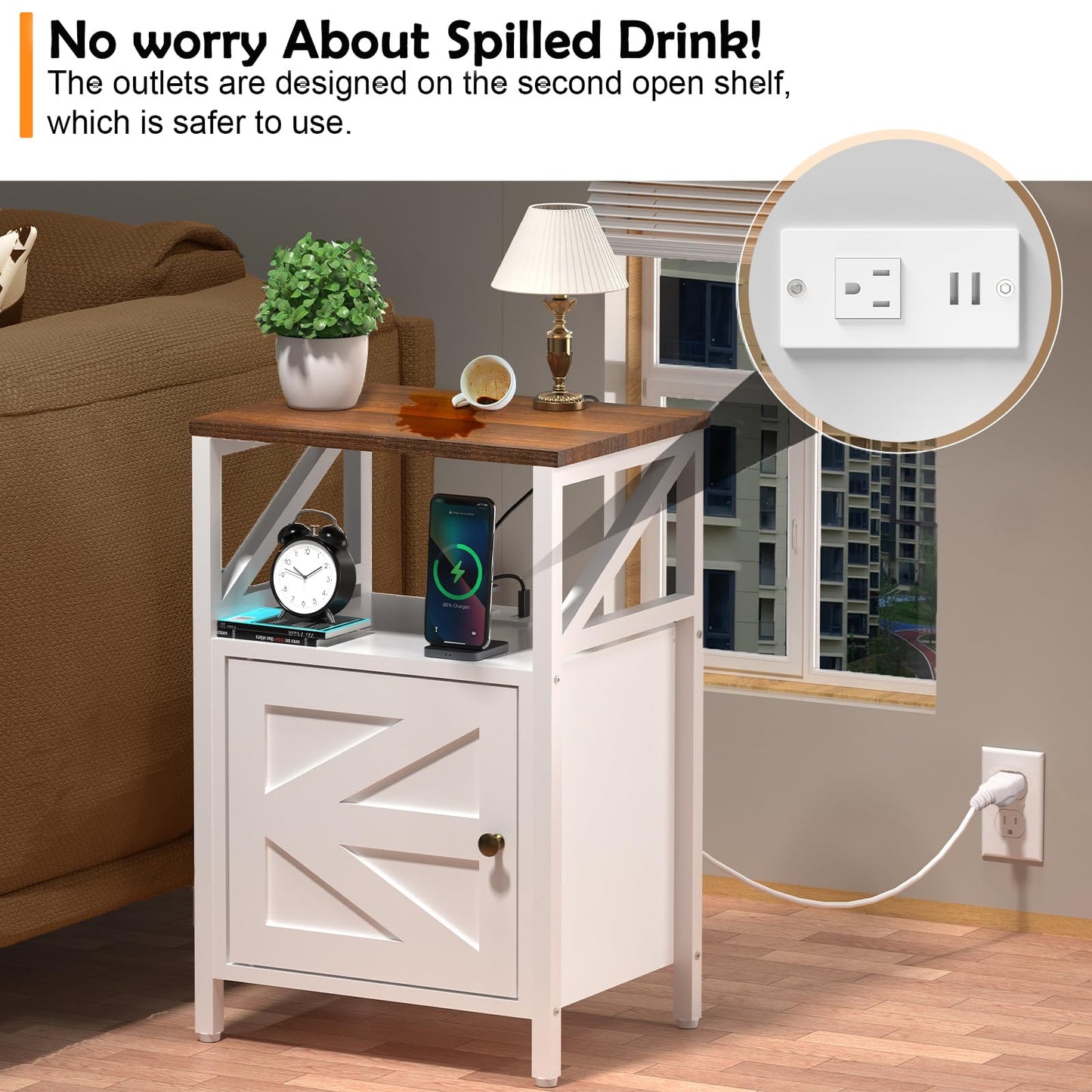 Farmhouse Side Table with Charging Station -3-Tier USB Ports & Outlets End Table, Compact Bedside Storage Table for Small Spaces, Multi-Functional Accent Table for Bedroom, Living Room, Couch Entryway