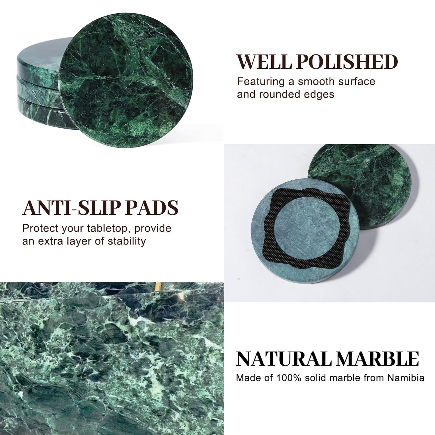Koville Marble Coaster Set of 4, Round Coasters, 4" Stone Coaster for Drinks Coffee, White Marble Coasters for Coffee Table Home Bar Decor, Heat Resistant, Gift Choice(Green)