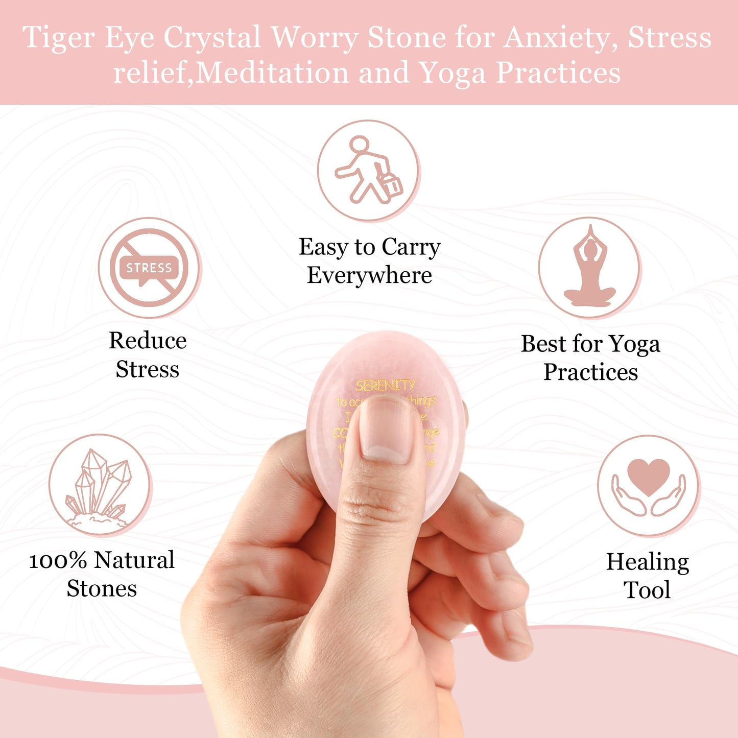 QINJIEJIE Serenity Prayer Rose Quartz Healing Crystal Thumb Stone Worry Stones Engraved Inspirational Stones Anxiety Relief Items Teacher Appreciation Encouragement Gifts for Women Mother