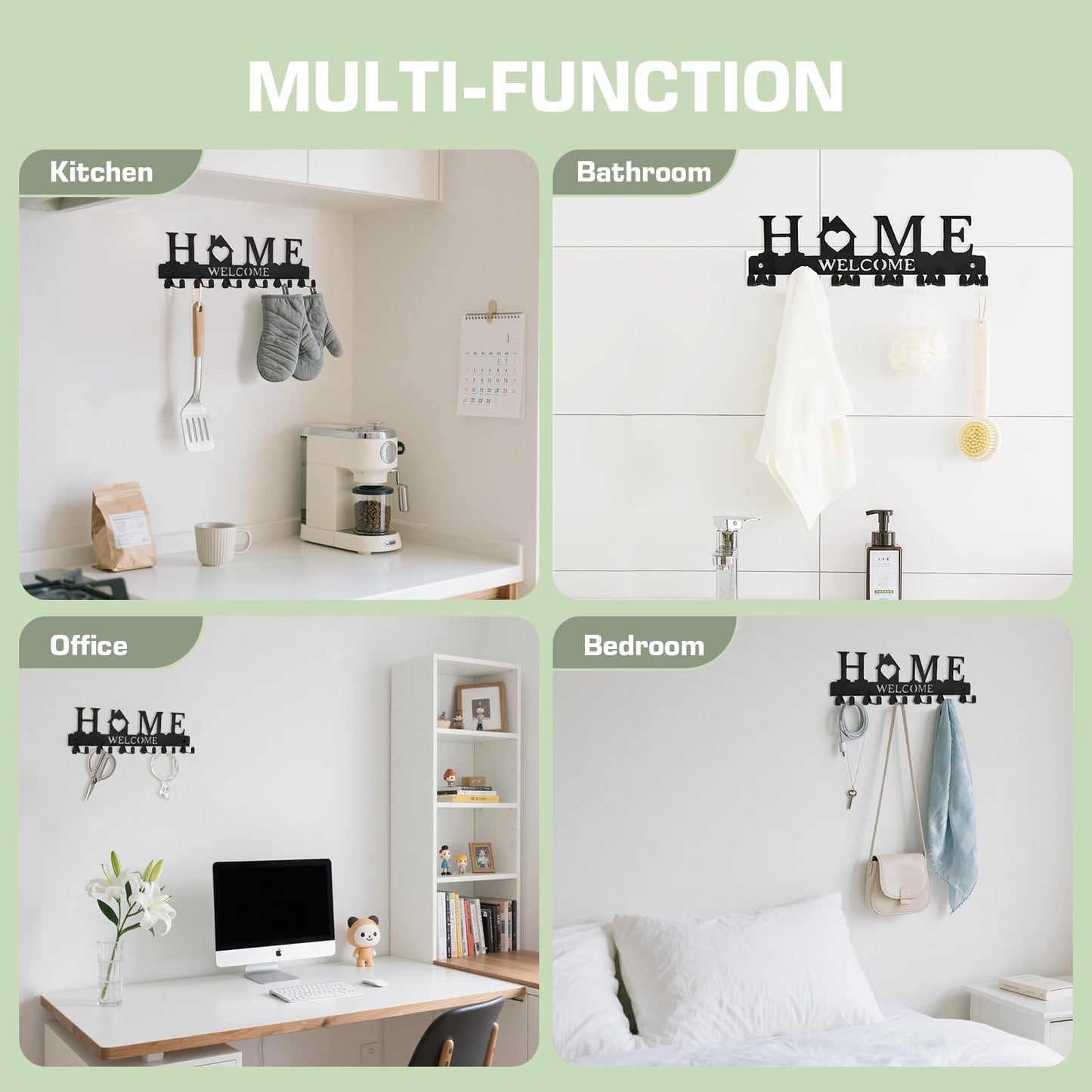 HOMEBROS Key Holder Wall Mount, Adhesive Metal Key Hanger with 6 Double Hooks, 2 Installation Methods, Black