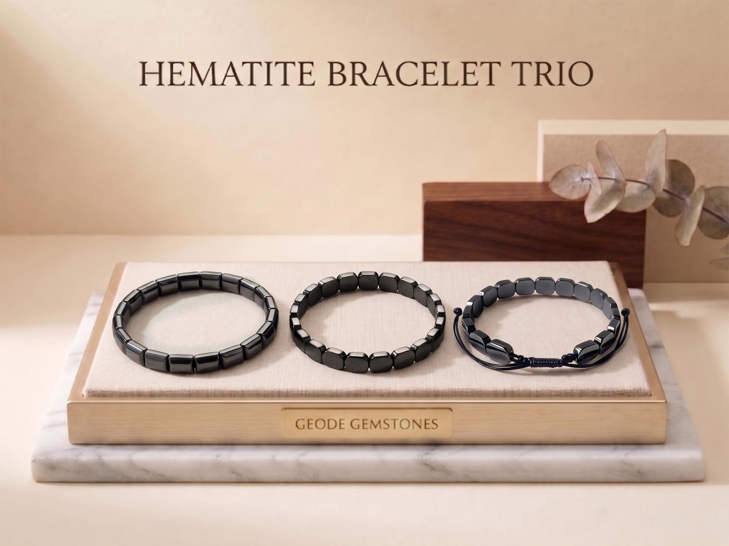 Jingming keji Adjustable Mens Hematite Bracelet 7.5-10.5" - Handwoven Waxed Polyester Cord, Natural Square Stone Beaded Wellness Jewelry with Gift Box