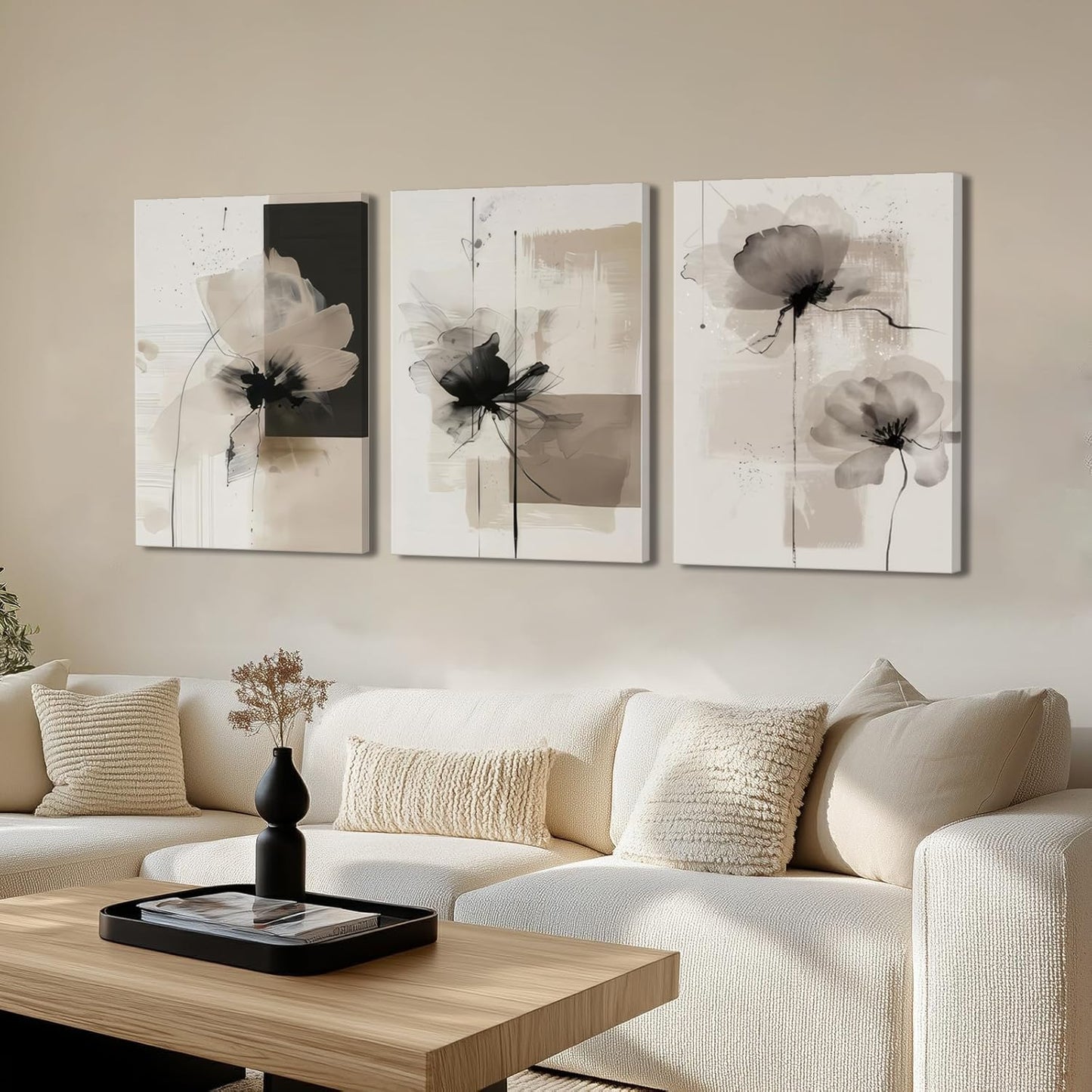Neutral Abstract Floral Canvas Wall Art Modern Large Minimalist Wall Decor Contemporary Beige Black Flower Posters Prints Picture for Living Room Bedroom Bathroom Office 12x16 In Framed
