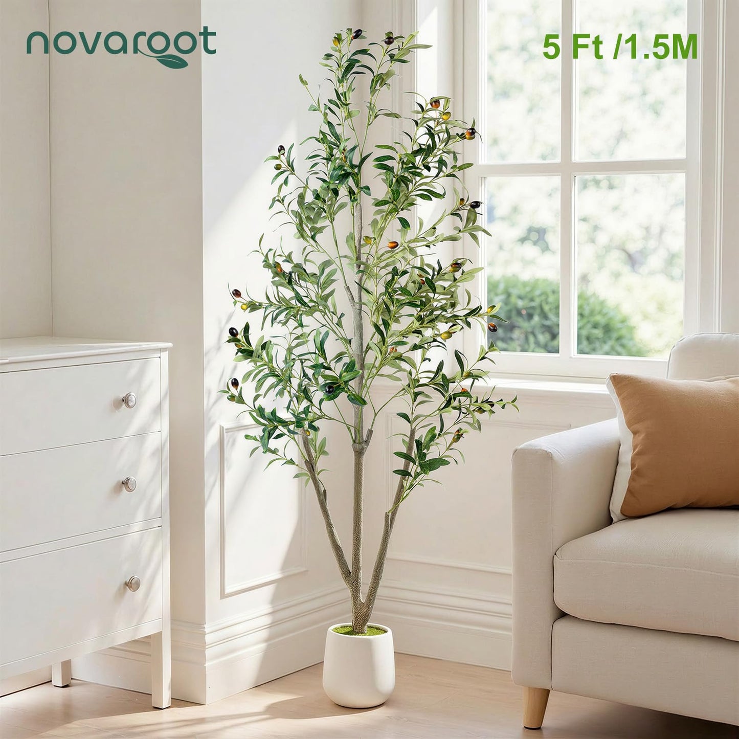 Olive Trees Artificial Indoor, 5FT Tall Faux Olive Tree with Moss and Planter, Artificial Plants Indoor with Natural Wood Trunk and Lifelike Fruits, Fake Tree for Home Office Living Room Decor