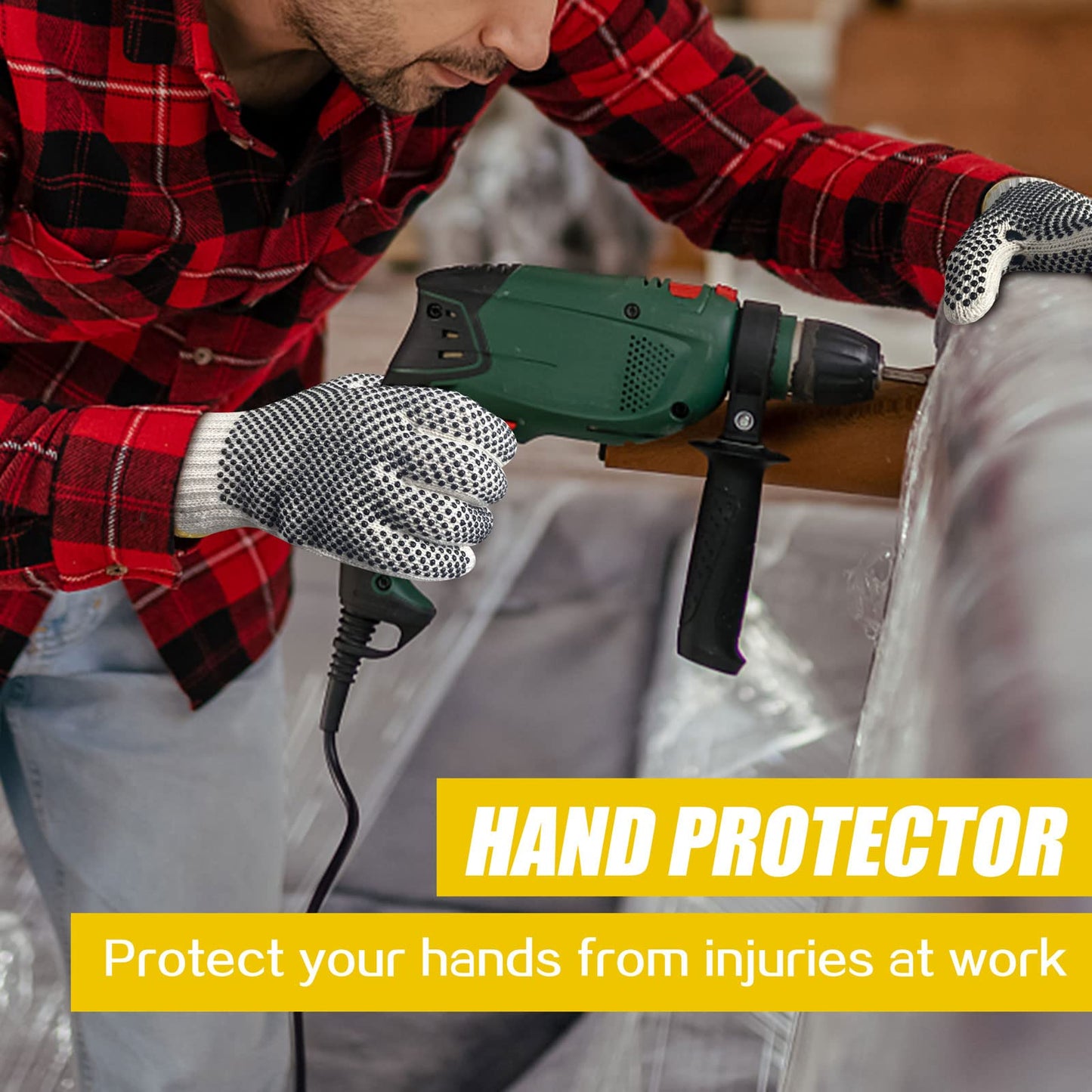 GSAFEME Safety Work Gloves 12 Pairs Cotton with Anti-Slip Grip Dots for Construction,Warehouse Lifting,House Moving