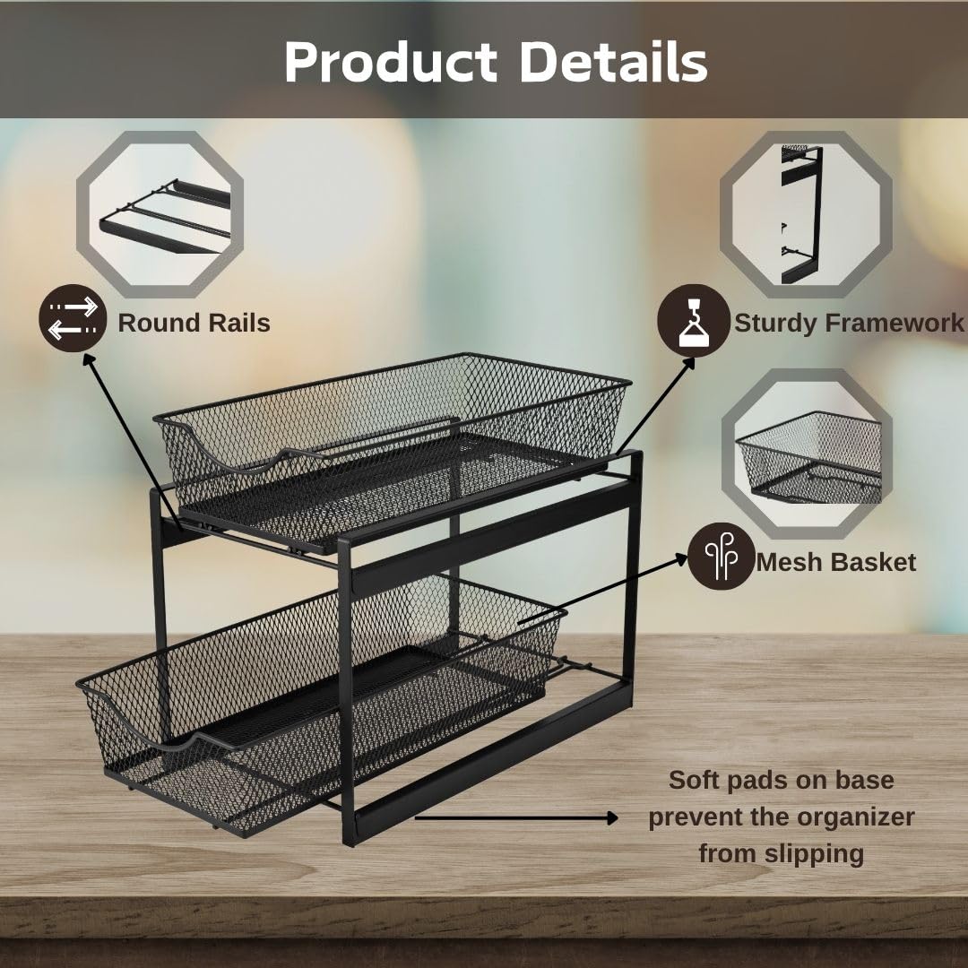 IBERG 2 Tier Bathroom Organizer with Pull Out Drawer, Under Sink Storage Organizer for Kitchen Cabinet, Metal Sliding Basket (Black)