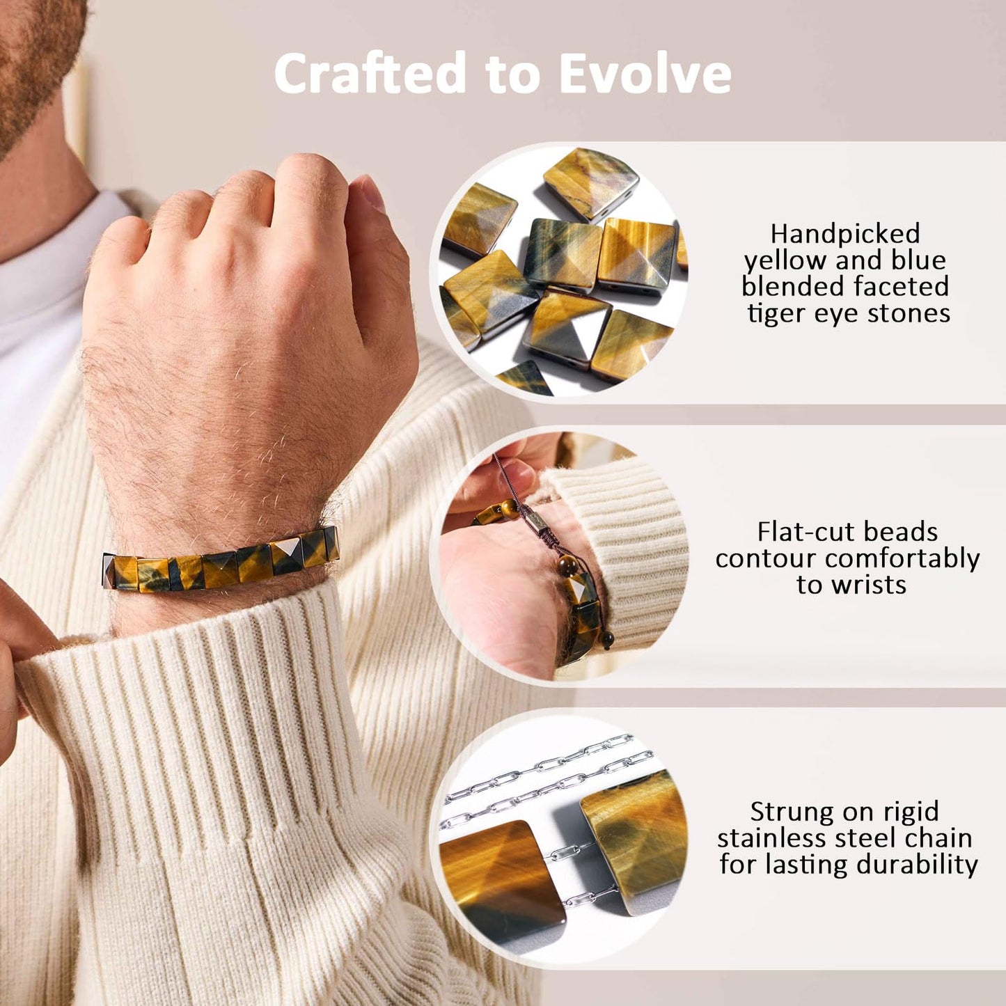 GALKCRST Tiger Eye Bracelet Men, Natural Yellow and Blue Stone Beads, Balance and Protection Tiger Eye Energy Stone, Handmade Crystal Bracelet with Premium Jewelry Box, Gift for Him