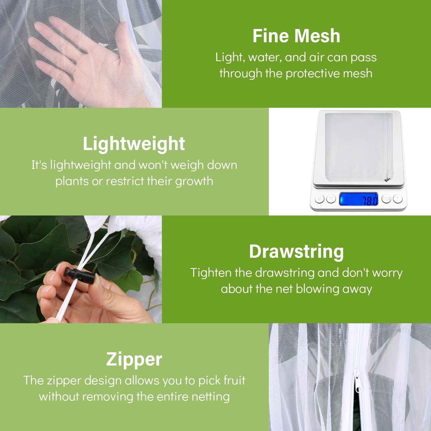 2 Pack Fruit Tree Netting Cover with Zipper and Drawstring, 6.6 x 6.6 Ft Bird Mesh Netting Barrier for Blueberry Bushes, Garden Plant Net Tree Protection Netting Cover for Apple Vegetables Fruits