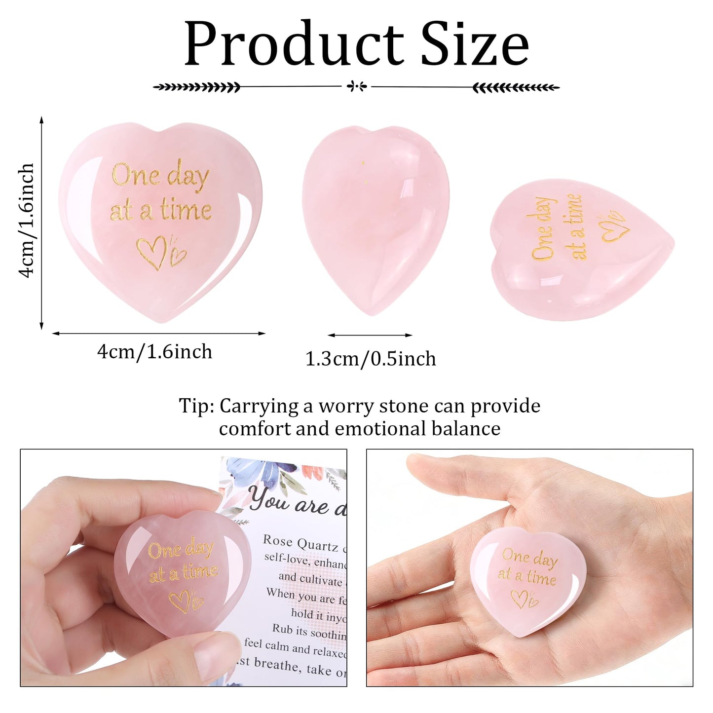 QINJIEJIE Rose Quartz Crystals Thinking of You Gifts for Women You Got This One Day At A Time Heart Worry Stones Sobriety Encouragement Mom Gift Heart Decor Pink Gifts for Women