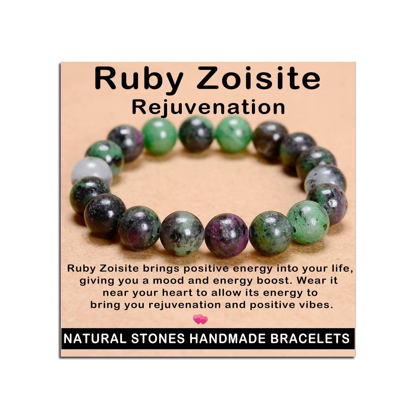 AD Beads Handmade Gemstone Stretch Elastic Bracelet Crystal Healing Reiki Nature's Beauty and Spiritual Essence Unisex (10mm, Ruby Zoisite (Rejuvenation))