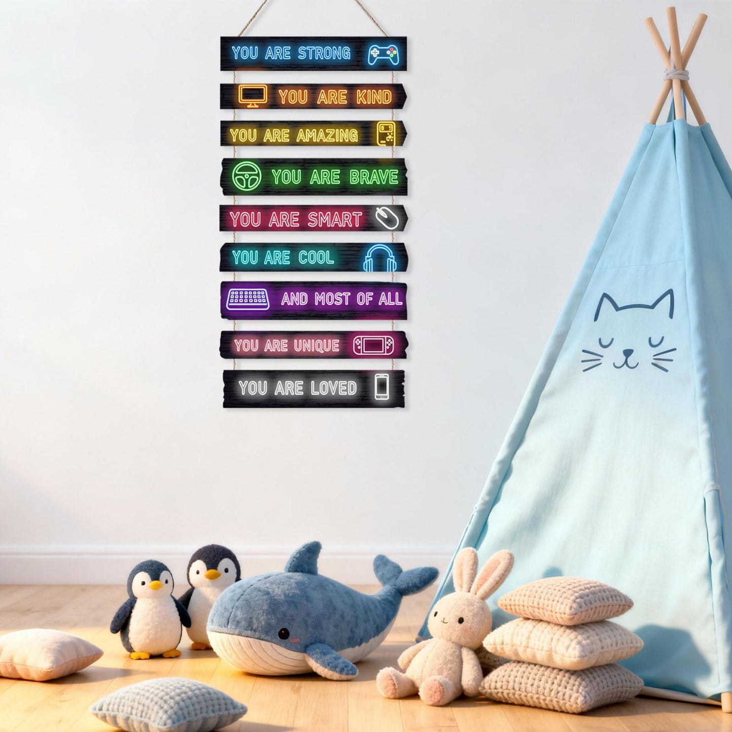 Game Room Decor for Boys, 9-Piece Gaming Wall Art with Inspirational Quotes, Gamer Themed Wooden Signs for Kids Bedroom, Video Game Playroom & Boys Room Wall Decor