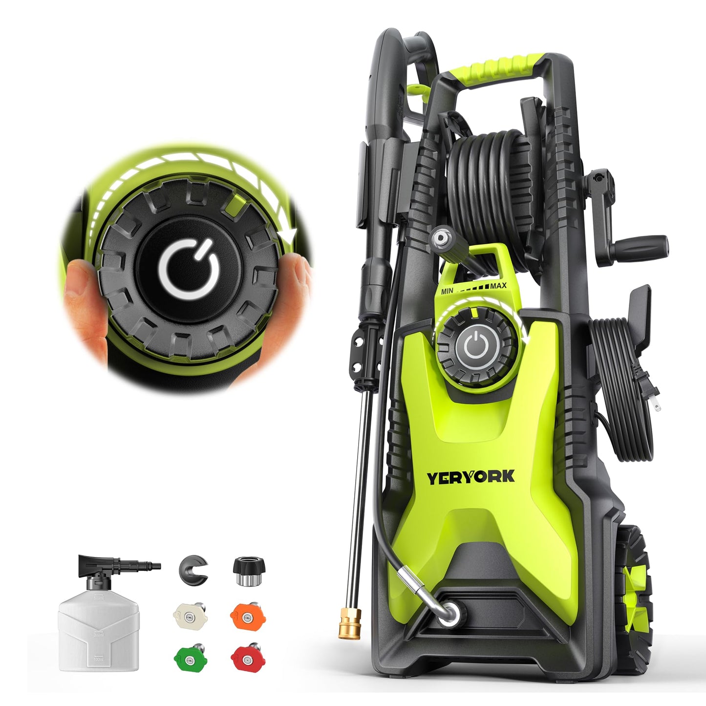 Yeryork 5000 Max Adjustable PSI Pressure Washer,2.5 Max GPM Power Washer with 33 FT Retractable Hose Reel, Stainless Steel Lance, 500ml Foam Cannon, 4-Nozzle Set, Washer for Cars, Fences, Patios