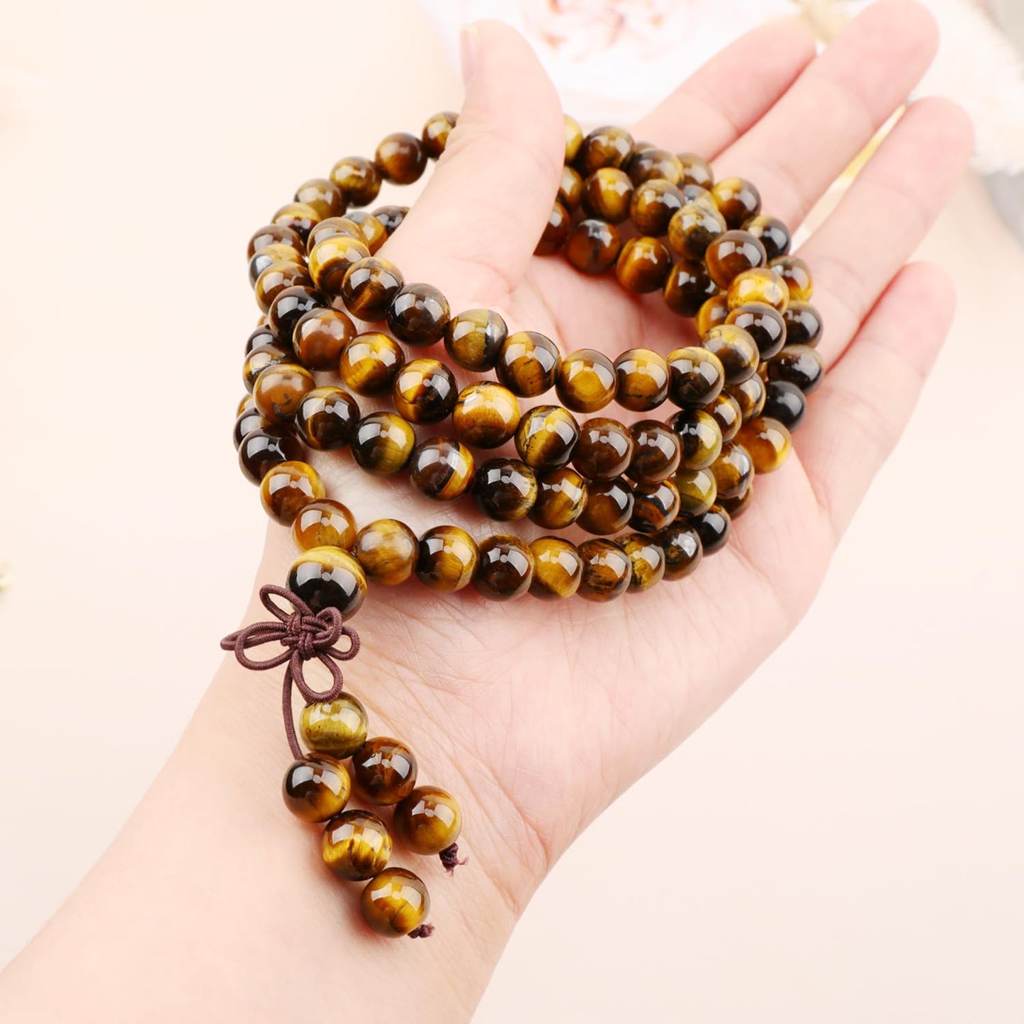 AD Beads 8mm 108 Prayer Mala Yellow Tiger's Eye Elastic Bracelet - Courage and Confidence - Handmade Yoga Meditation Healing Power Energy Gifts for Unisex Adult.