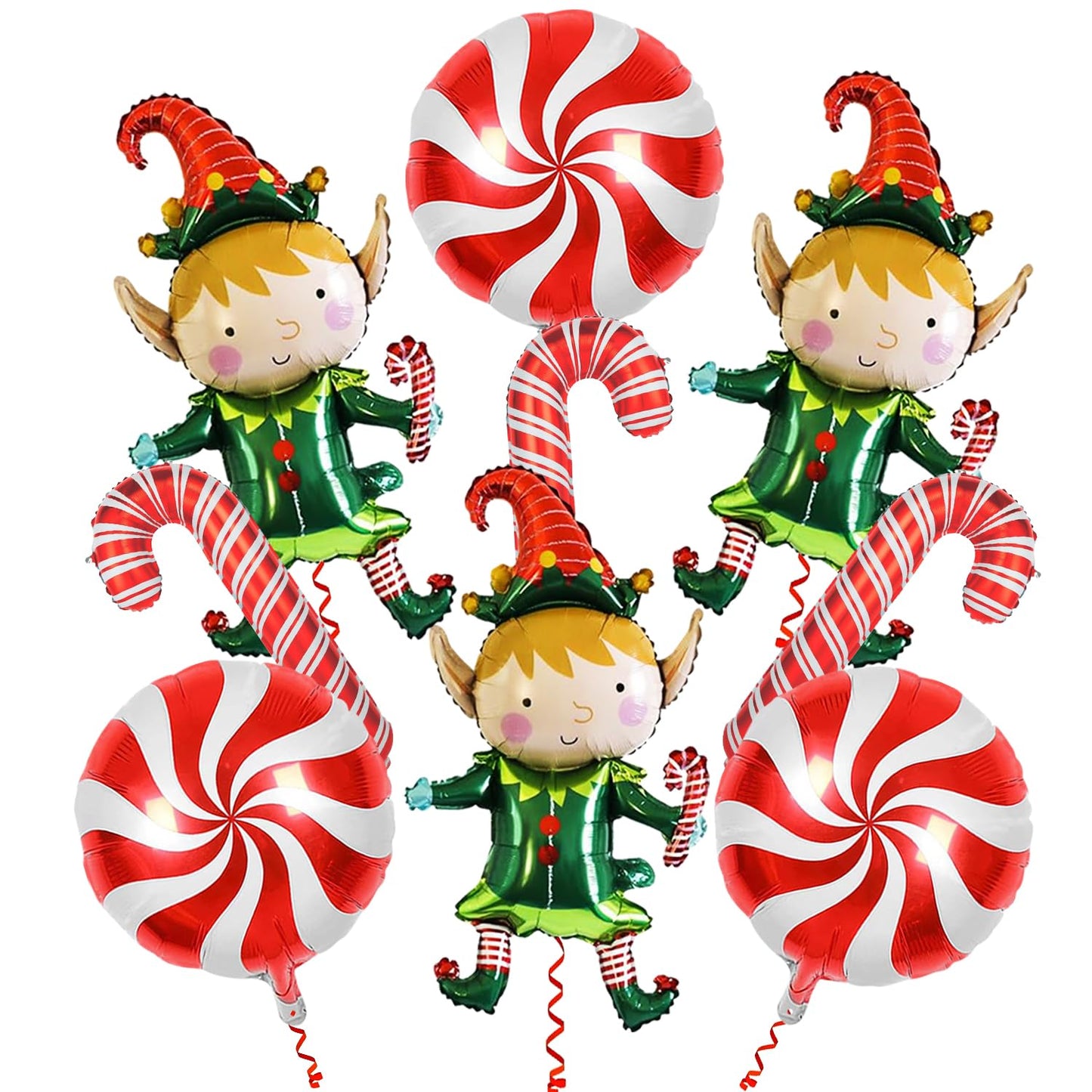 Pensar 9Pcs Christmas Elf Balloons Candy Cane Foil Balloons for Xmas Candies Theme Decor, Elf Party Decorations, New Year Christmas Decoration Party Supplies