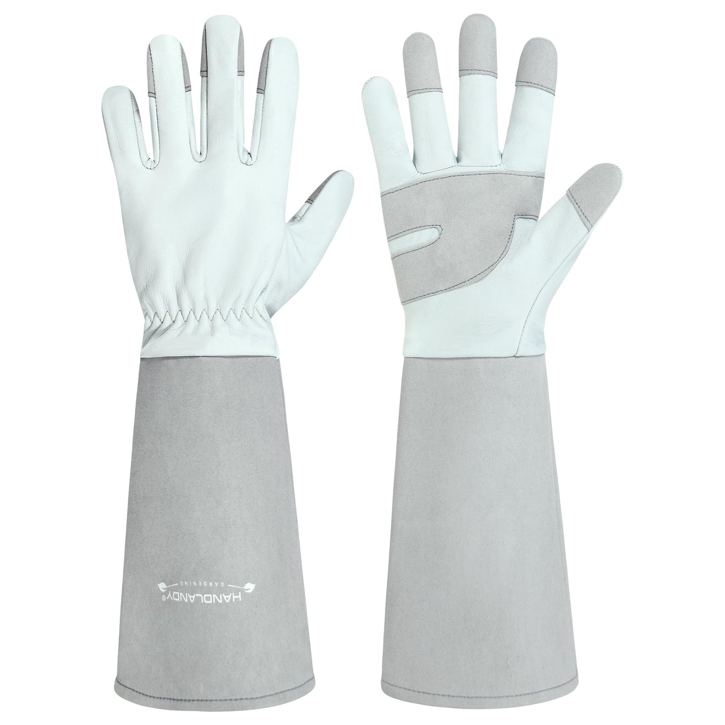 HANDLANDY Long Gardening Gloves for Men & Women, Thorn Proof Rose Pruning Gloves Leather Gauntlets Garden Glove Yard Work Glove (Silver Gray, Large)