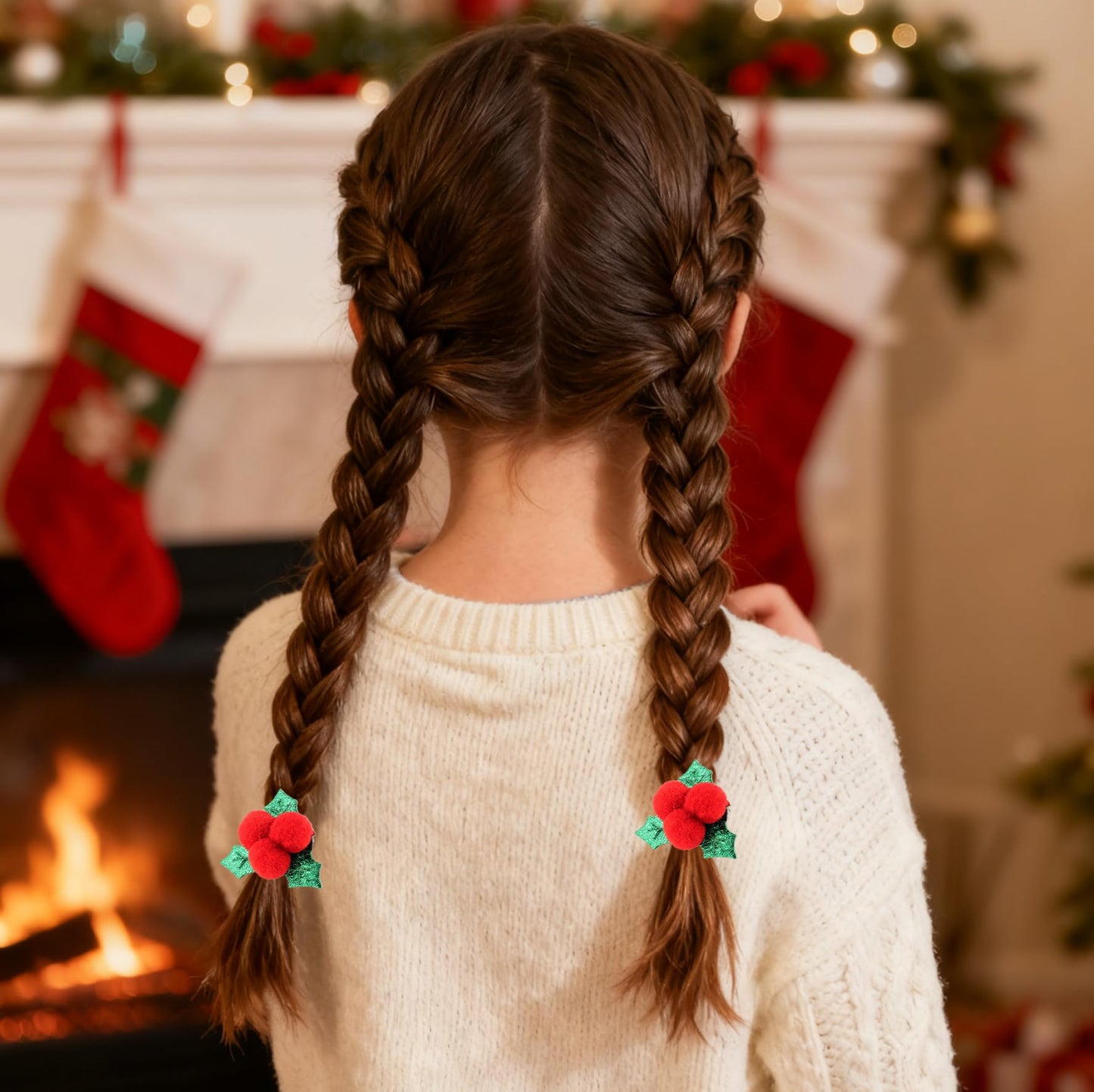 2-Piece Festive Holly Hair Clips with Red Berry Green Leaf Duckbill Clips Xmas Barrettes for Girls Holiday Hair Accessories for Winter Christmas New Year Parties