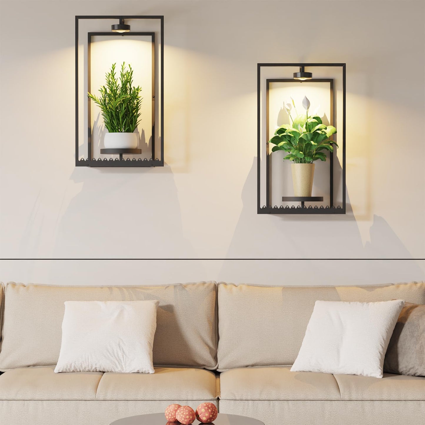 Starxing Wall Plant Shelf with Grow Lights, Remote Control Indoor Plant Holder Stand for Hanging Planters, Modern Framed Wall Decor for Living Room, Home L-2PK