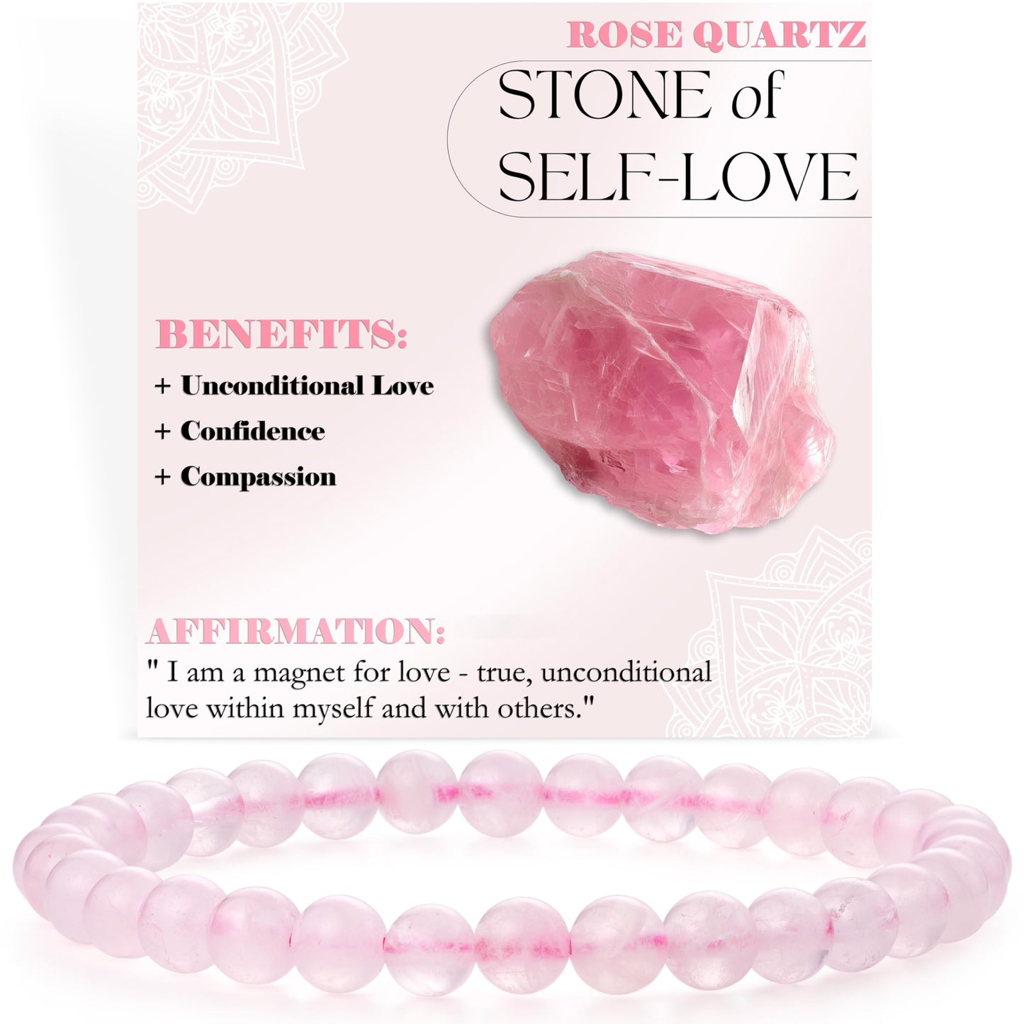 Bivei Rose Quartz - Self-Love - 6mm Beaded Bracelets for Women Handmade Semi Precious Natural Stone Stretch Elastic Jewelry for Women Yoga Protection Gifts