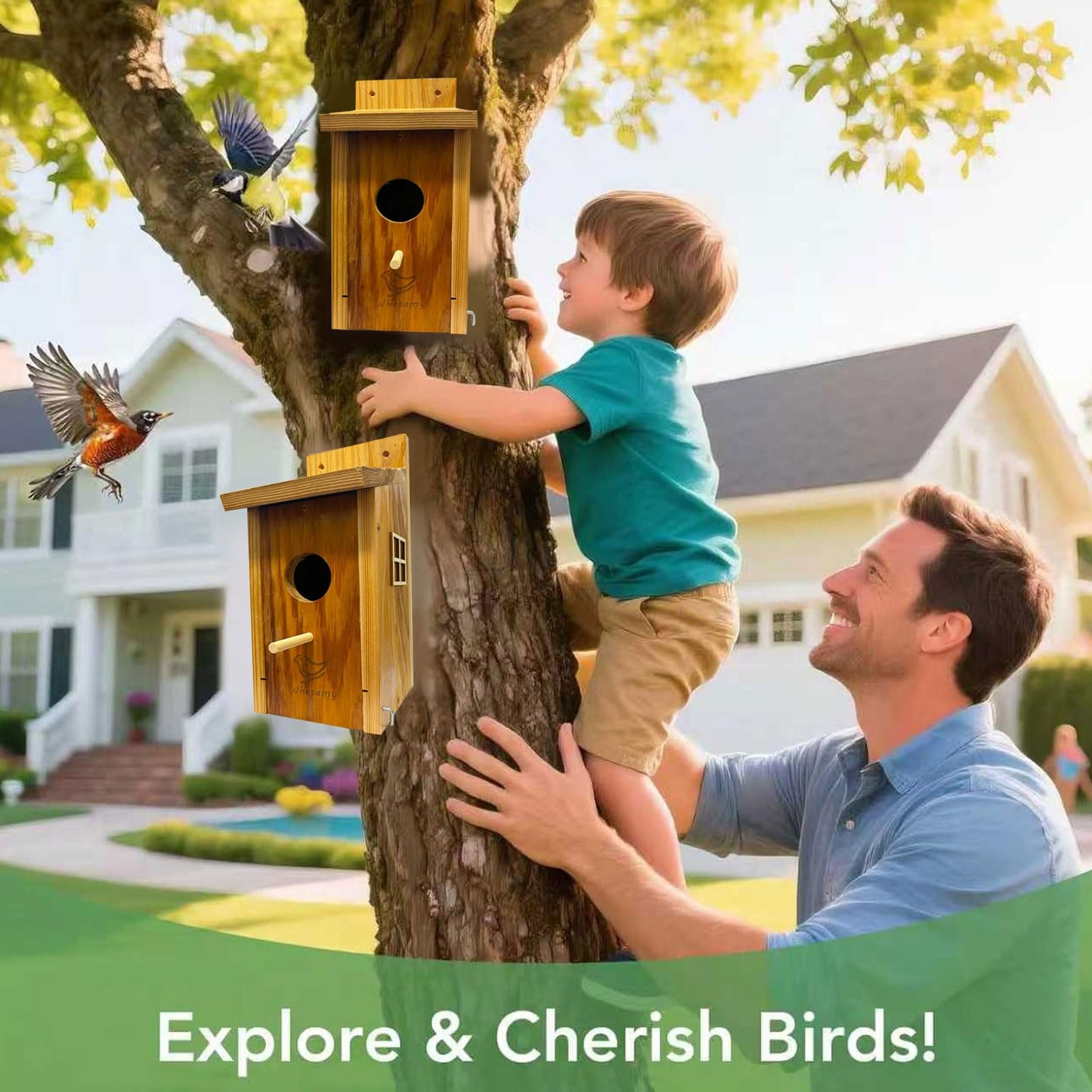 Whesamy Large Bird House, Bird Houses for Outside Clearance, Cedar Birdhouses for Outdoors, Wood Birdhouse with Secure Latch, Bluebird Houses for Wren Swallow Finch Hummingbird