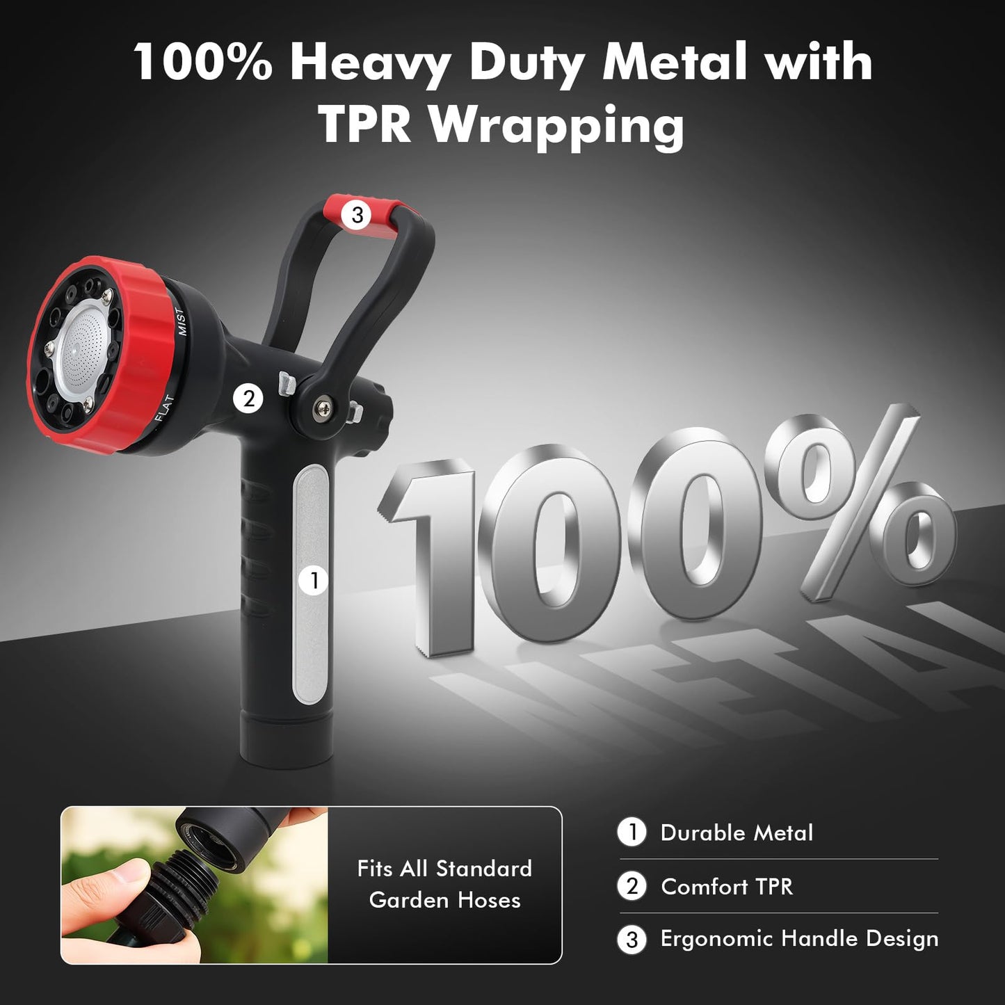 RESTMO Heavy Duty Garden Hose Nozzle, High Pressure Fireman Style Nozzle with Lever Handle and Slip Ergonomic Grip, 6 Adjustable Spray Patterns for Watering Lawn and Garden, Washing Car & Cleaning