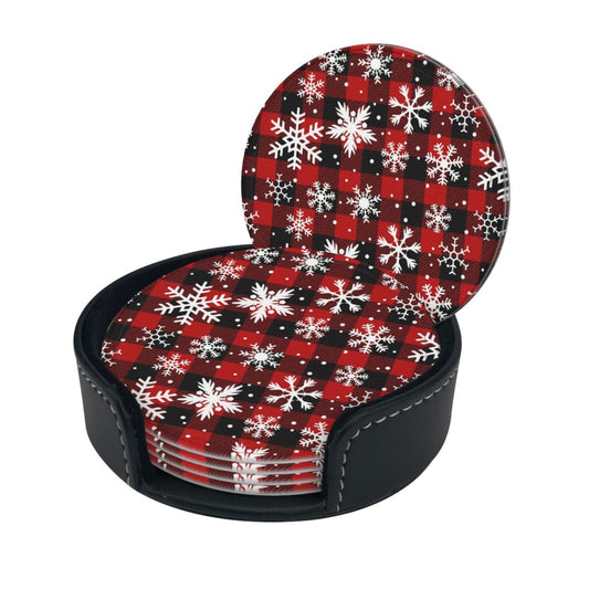 6 Pcs Christmas Coasters for Women Men, 4 Inch Xmas Red Plaid Coaster with Holder for Home Kitchen Office Table Decor