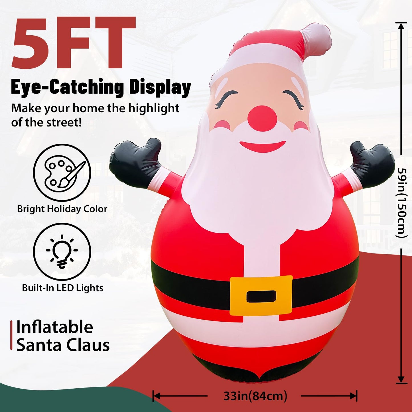 Christmas Inflatable Yard Decoration,Blow Up 5FT Lighted up Inflatable Santa Claus Outdoor,Giant Christmas Outdoor Decor Ornaments with Built-in LED Lights for Xmas Holiday Lawn Garden Patio