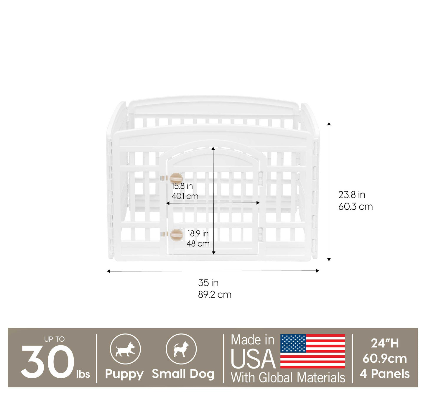 IRIS USA Dog Playpen with Door, 24” 4 Panel Pet Exercise Pen – Indoor Outdoor Puppy Play Pen, Portable Plastic Pet Fence for Small Medium Dogs, Foldable 35” x 35” x 24”, White