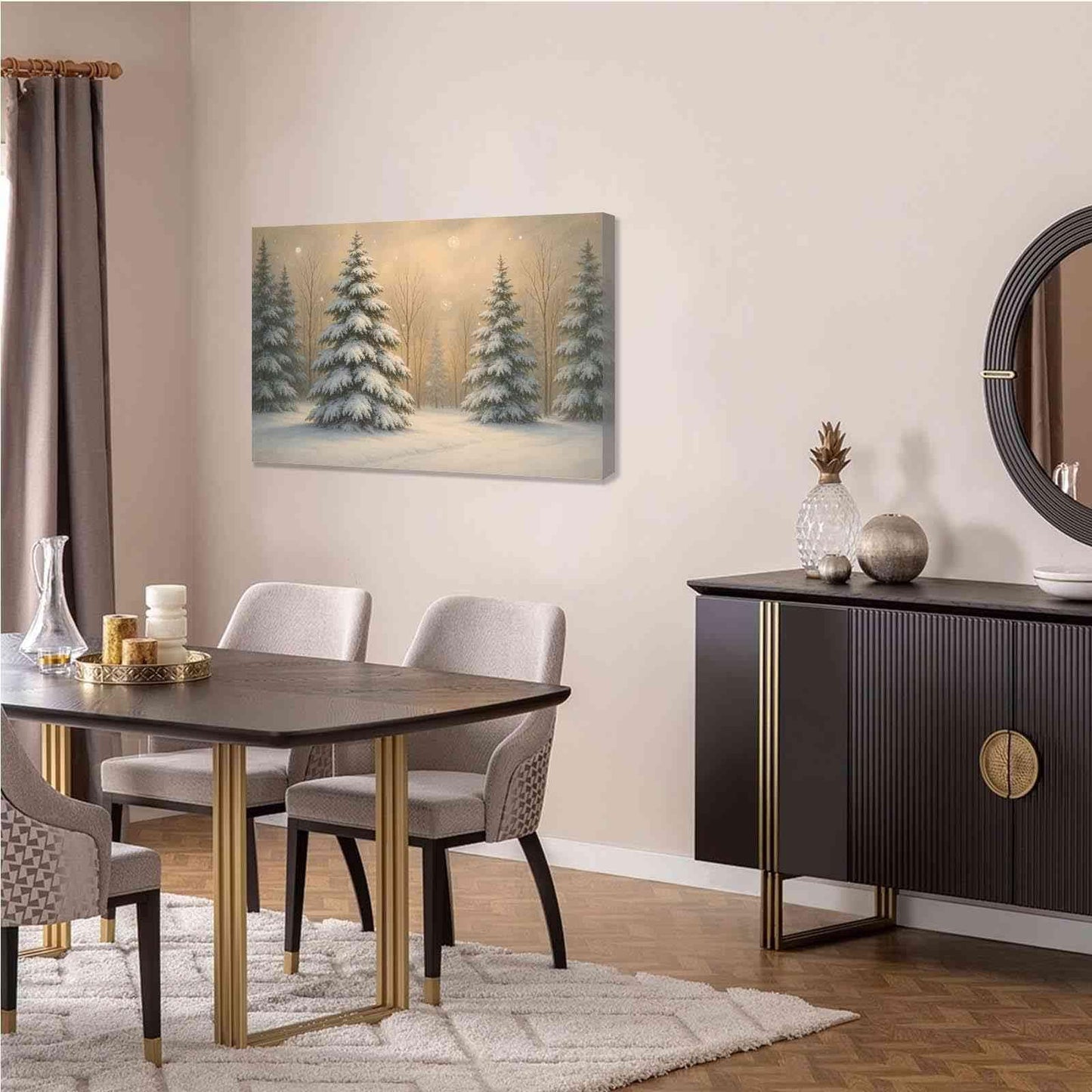 Framed Canvas Wall Art Vintage Winter Christmas Trees Landscape Poster Farmhouse Christmas Neutral Snowy Painting Holiday Evergreen Art 28x40in Wood Framed