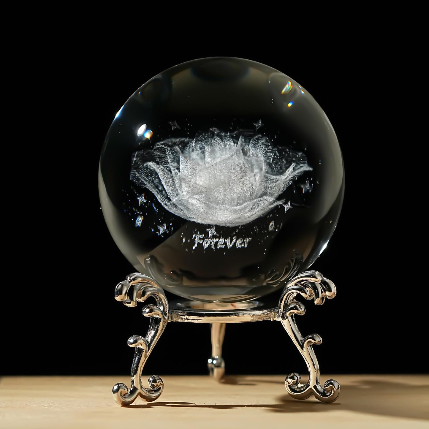 HDCRYSTALGIFTS 60mm 3D Inner Engraved Rose Flower Crystal Ball Paperweight with Sliver Stand Glass Sphere Rose Figurines Collectible Fengshui Decorative Ball Home Decor Gifts