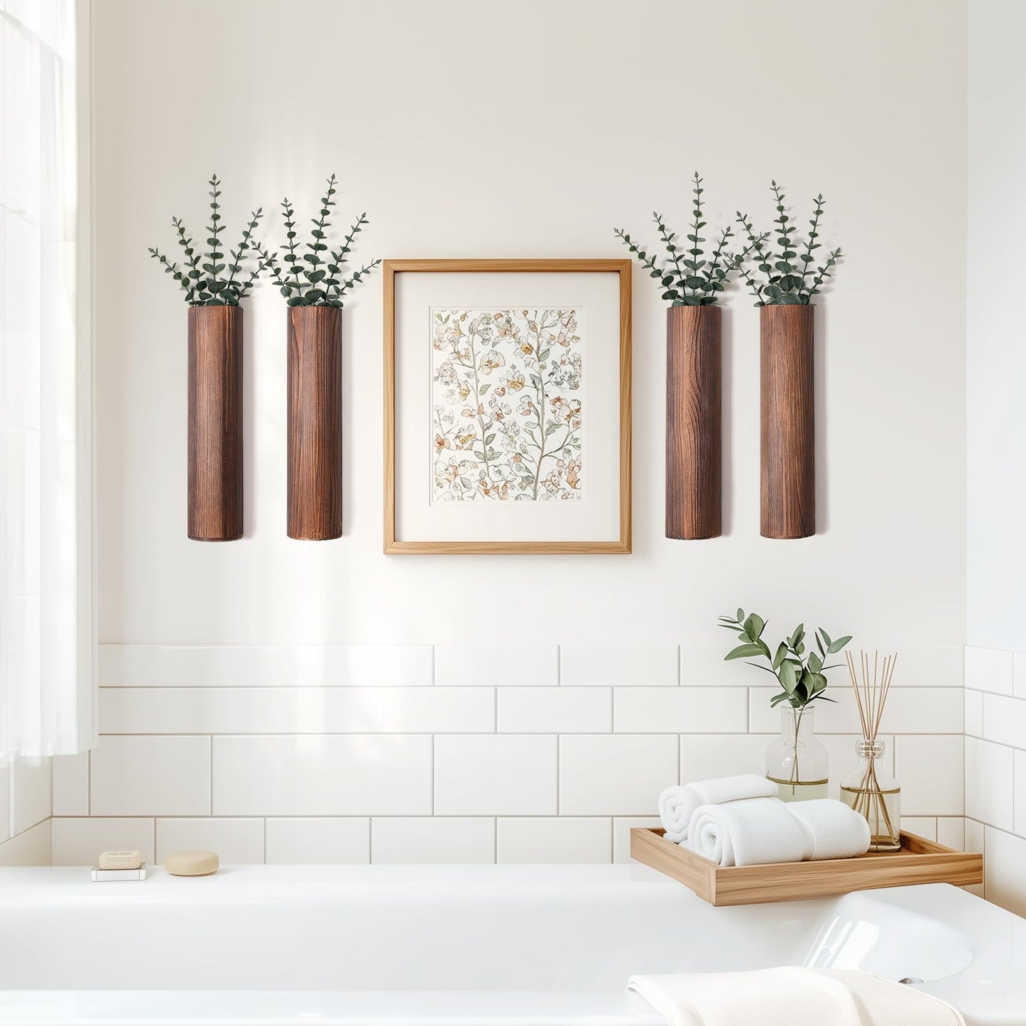 Fttoyoly Wood Wall Planter with 20 pcs Artificial Eucalyptus, Modern Decor for Living Room Bedroom Bathroom Entryway, Farmhouse Boho Wall Vases for Dried Flowers and Faux Plants - 4 Pack