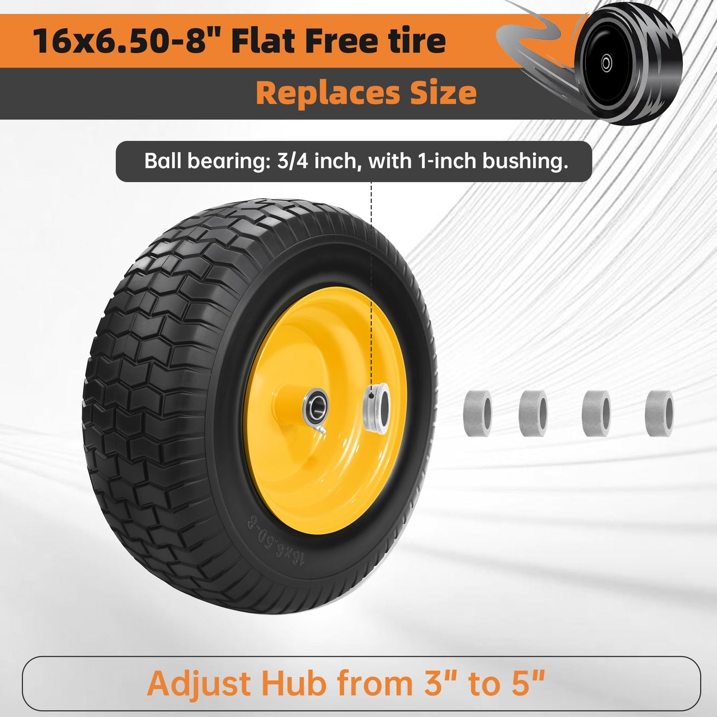 2PC 16x6.50-8 Flat Free Tire and Wheel,3/4" Bearings & Extra 1" Bushing,3" Offset Hub, Solid Riding lRLawn Mower Tires, 550lbs Load Capacity, Fit for Lawn Mowers, Riding Mowers and Lawn Tractors.