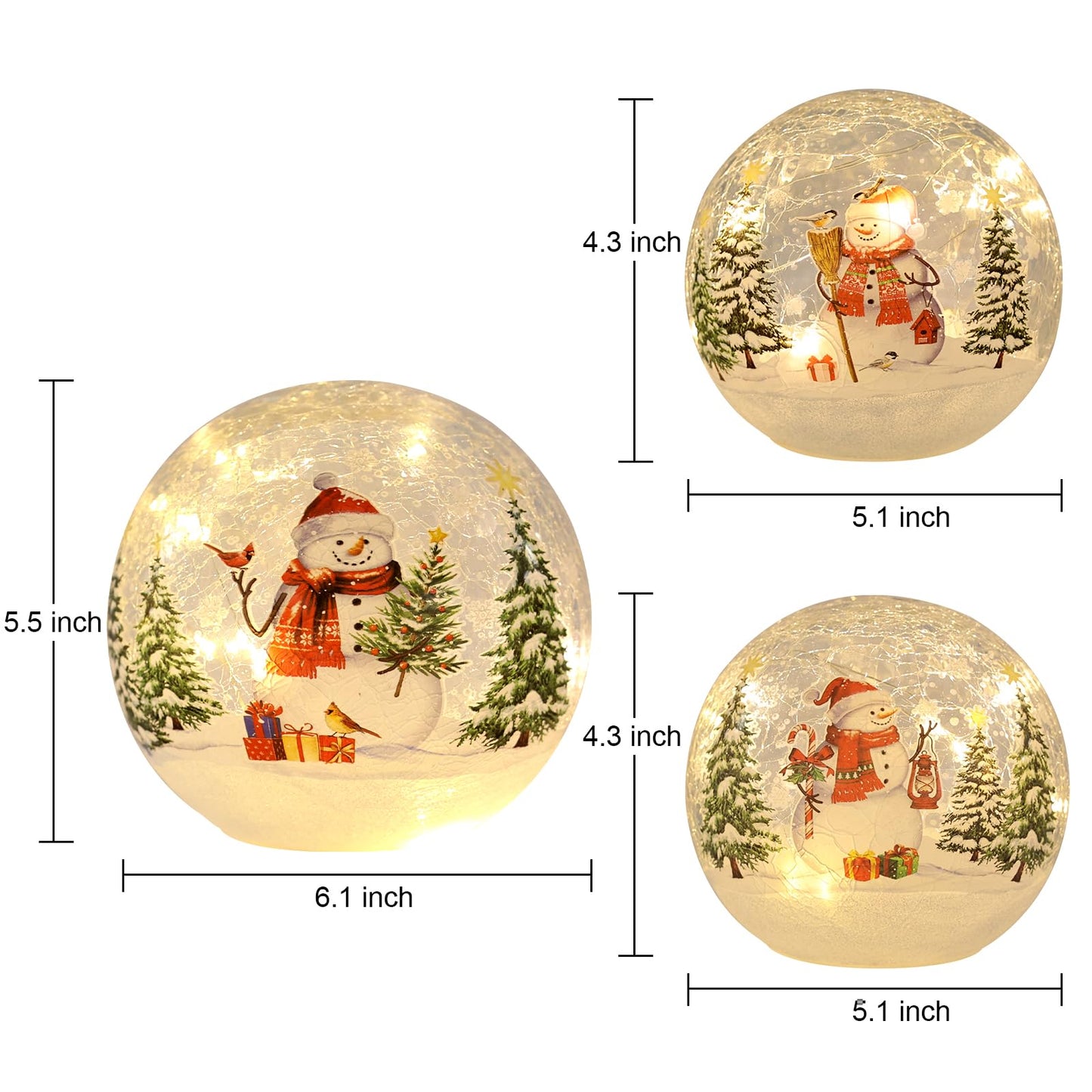YEAHOME Christmas Decorations Indoor,Set of 3 Snowman Crackle Glass Ball with LED Lights Home Decor, Christmas Table Decorations Lighted Globes with Timer for Mantel Fireplace Tabletop