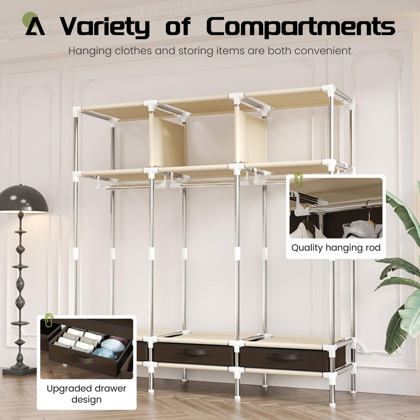 LEAIJIAFY Portable Amories Closet Wardrobe with Non Woven Fabric Cover,59 Inch Large Metal Clothes Rack Storage Closet with 3 Hanging Rods,3 Drawers and 3 Storage Shelves,Brown,for Small Room