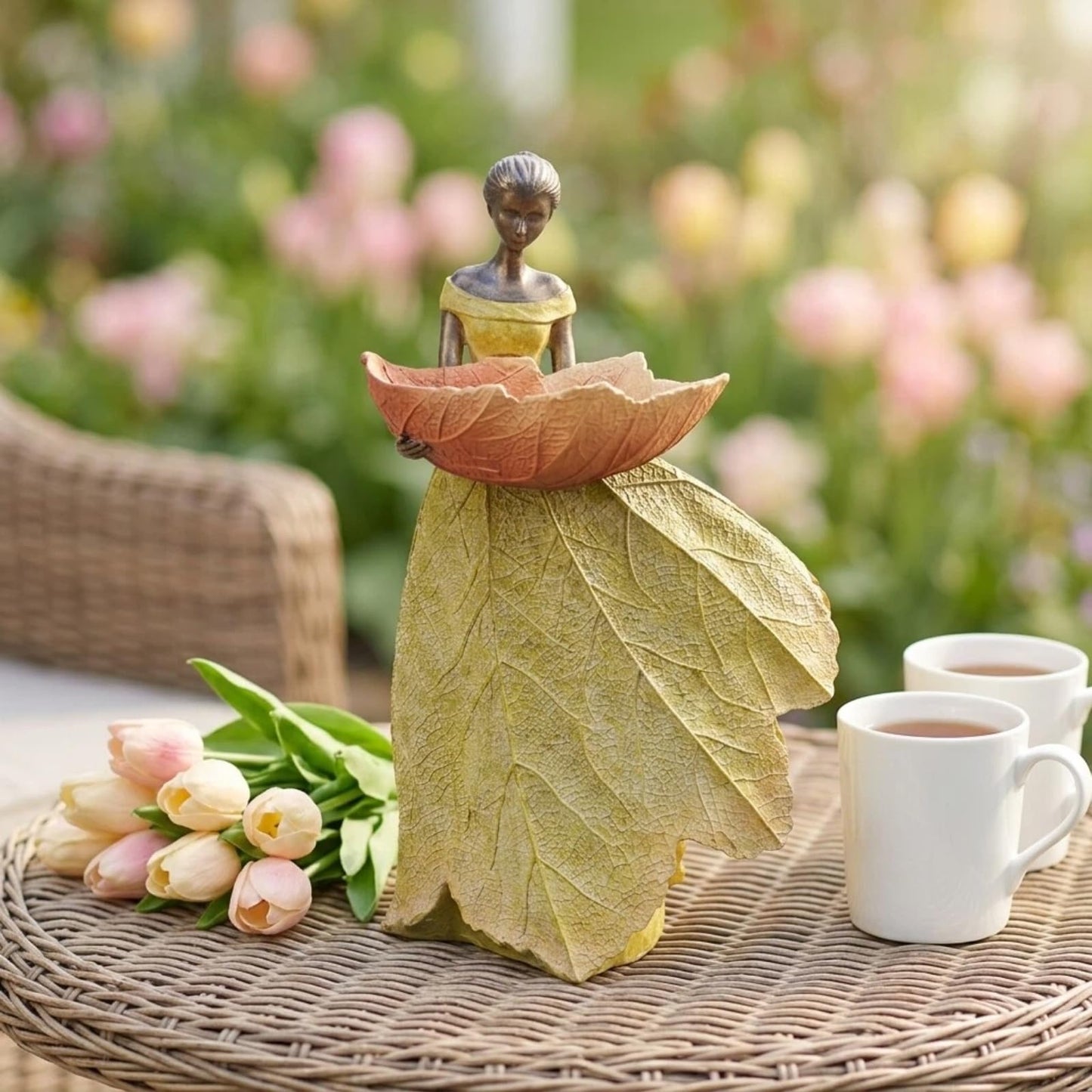DiliComing Fairy Garden Statue Bird Feeder - 12 Inch Fairy Statue for Home Decoration, Resin Outdoor Statues for Garden Decoration, Best Bird Feeder Gift for Women(Yellow)