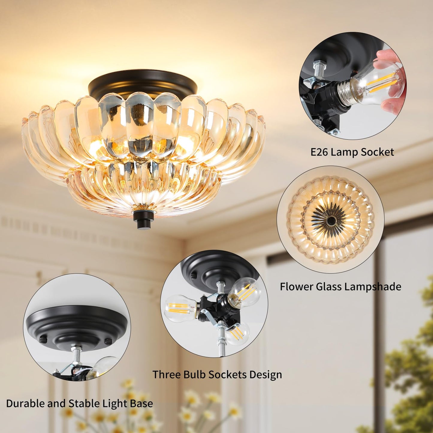 GloMuse Semi Flush Mount Ceiling Light Fixture Vinatge Black Ceiling Lights Mid Century Modern Glass Close to Ceiling Lighting Fixtures for Bedroom Hallway Foyer Bathroom Kitchen Laundry Room Nursery