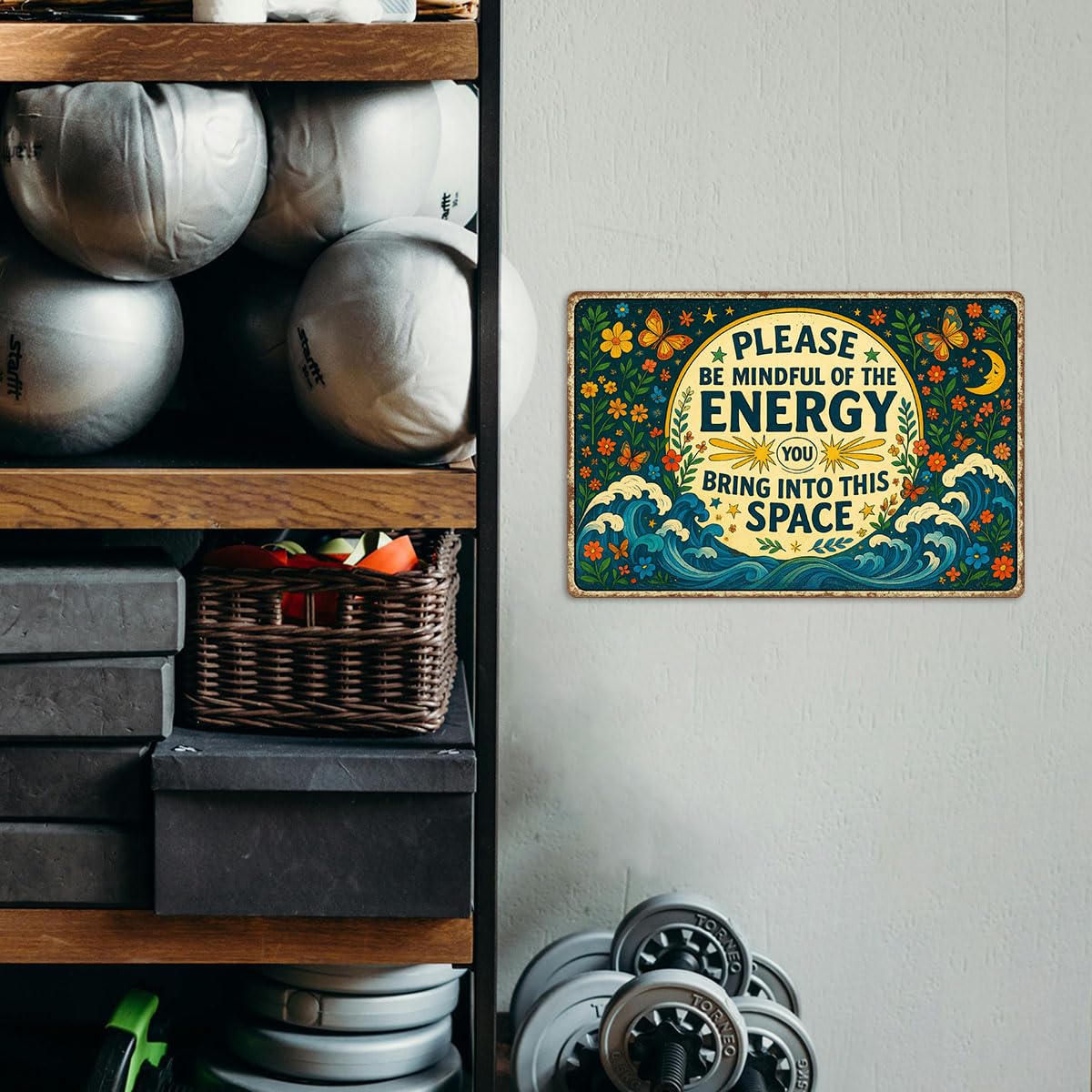 Please Be Mindful of the Energy You Bring Tin Sign – Spiritual Wall Decor for Home, Yoga Room, or Meditation Space – Retro Metal Wall Art Aesthetic, Positive Energy Tin Sign 8x12 Inch
