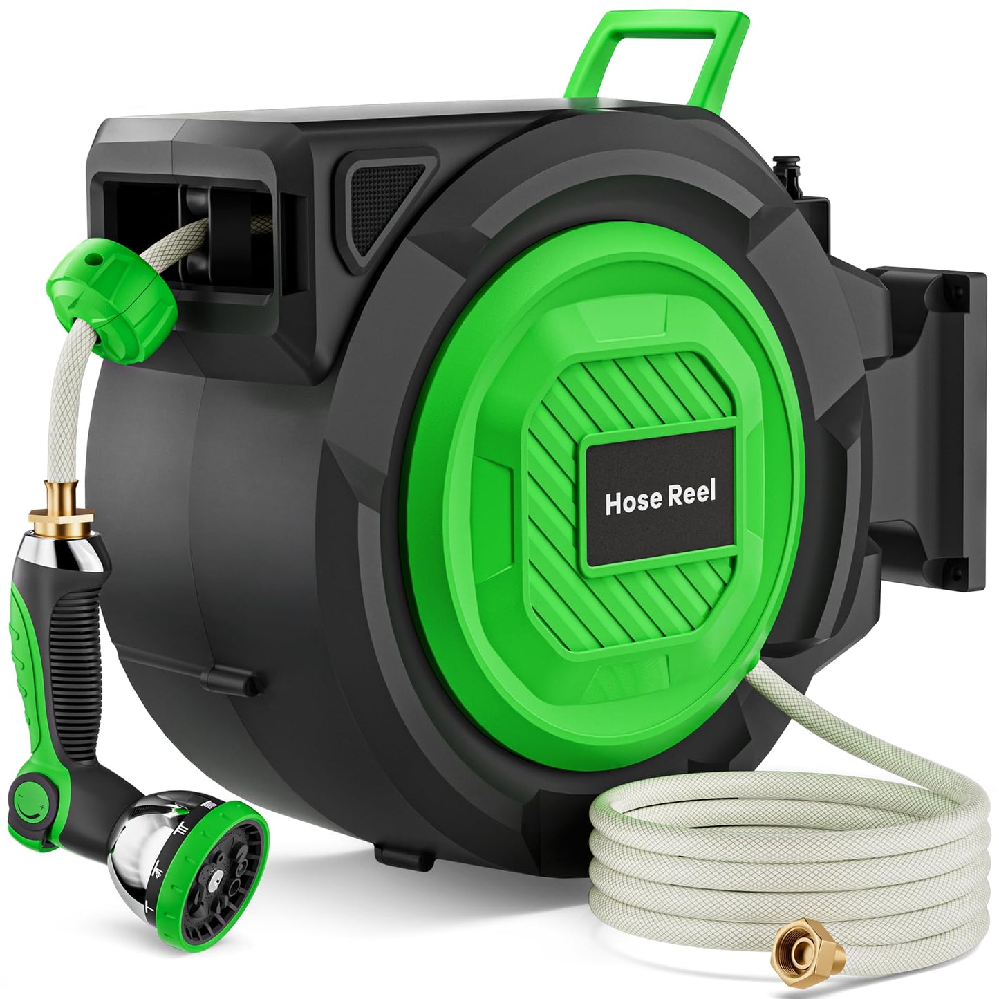 Retractable Garden Hose Reel, 1/2 in x 100 ft Heavy Duty Wall-Mounted Hose Reel with 180° Swivel Bracket, 10-Pattern Nozzle, Automatic Slow Return System, Any Length Lock for outside Watering,Cleaning