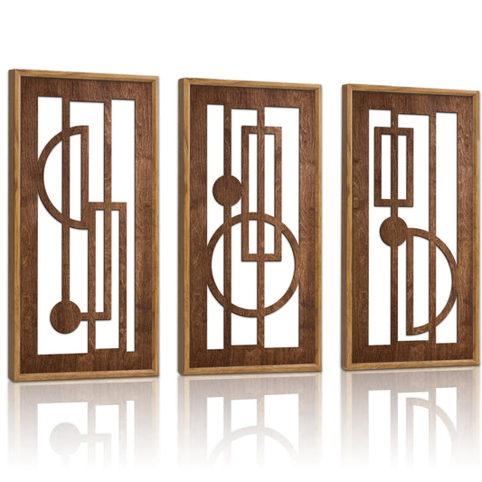 KAIRNE Abstract Geometric Wooden Wall Art Set of 3,Vintage Mid Century Rectangle Wall Sculptures,Rustic Minimalist Artwork,Boho Wood Hanging Decor for Living Room Bedroom Kitchen Office,8X16 inch